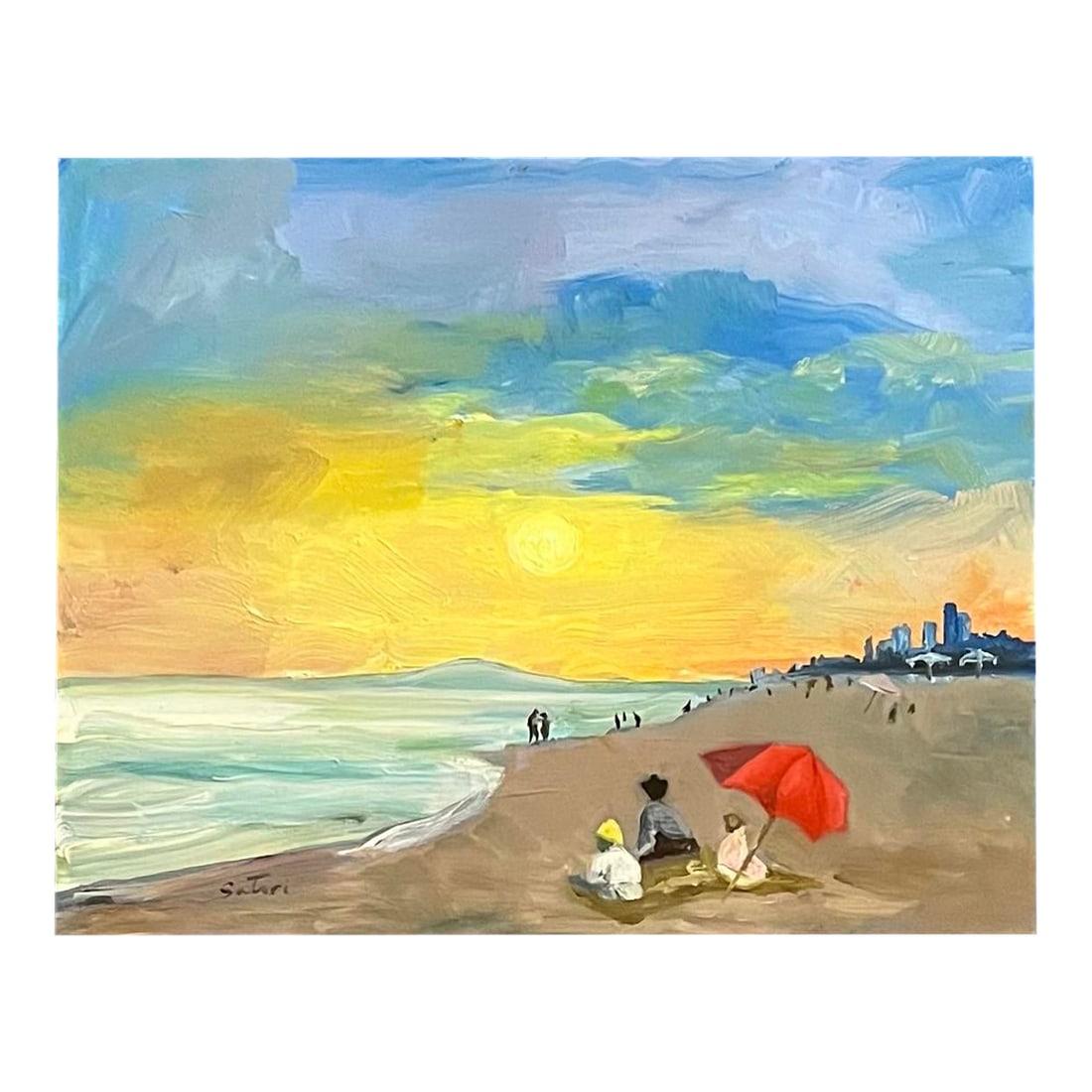 Satori Gregorakis Oil Painting of an Evening Seaside: Oil painting on okoume board (similar to oak) of an evening seaside with setting sun, bathers enjoying the sea in the distance and a family under a red umbrella in the foreground. Signed in the lower
