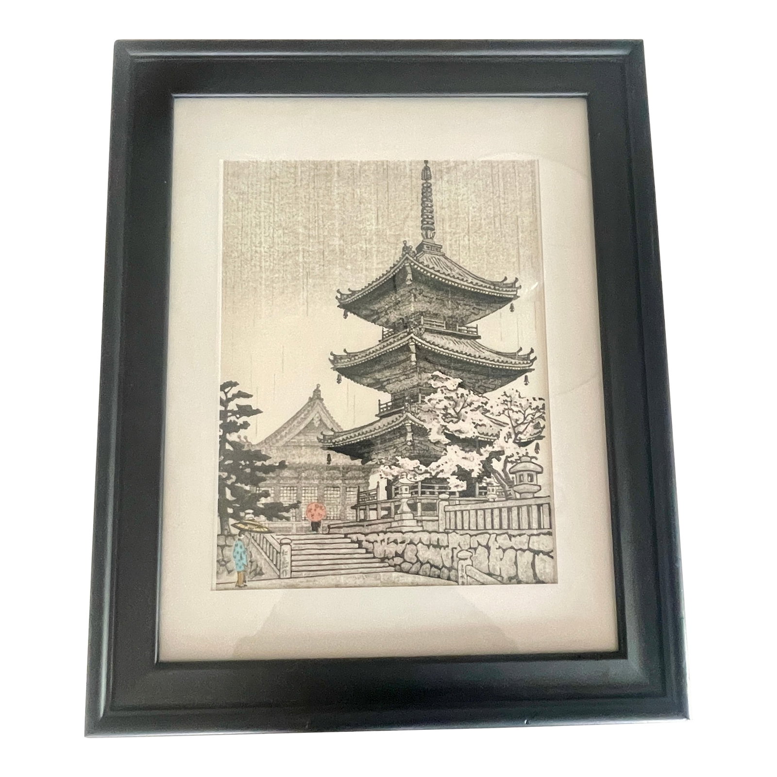 1940s Vintage Nisaburo Ito Japanese Woodblock Print "The Pagoda of Kiyomizu Temple in Kyoto": This stunning woodblock depicts Kiyomizu Temple in Kyoto on a rainy day, with softly blooming cherry trees. Publisher: Uchida, c1940s Nisaburo Ito, with conflicting reports giving his birthdate as