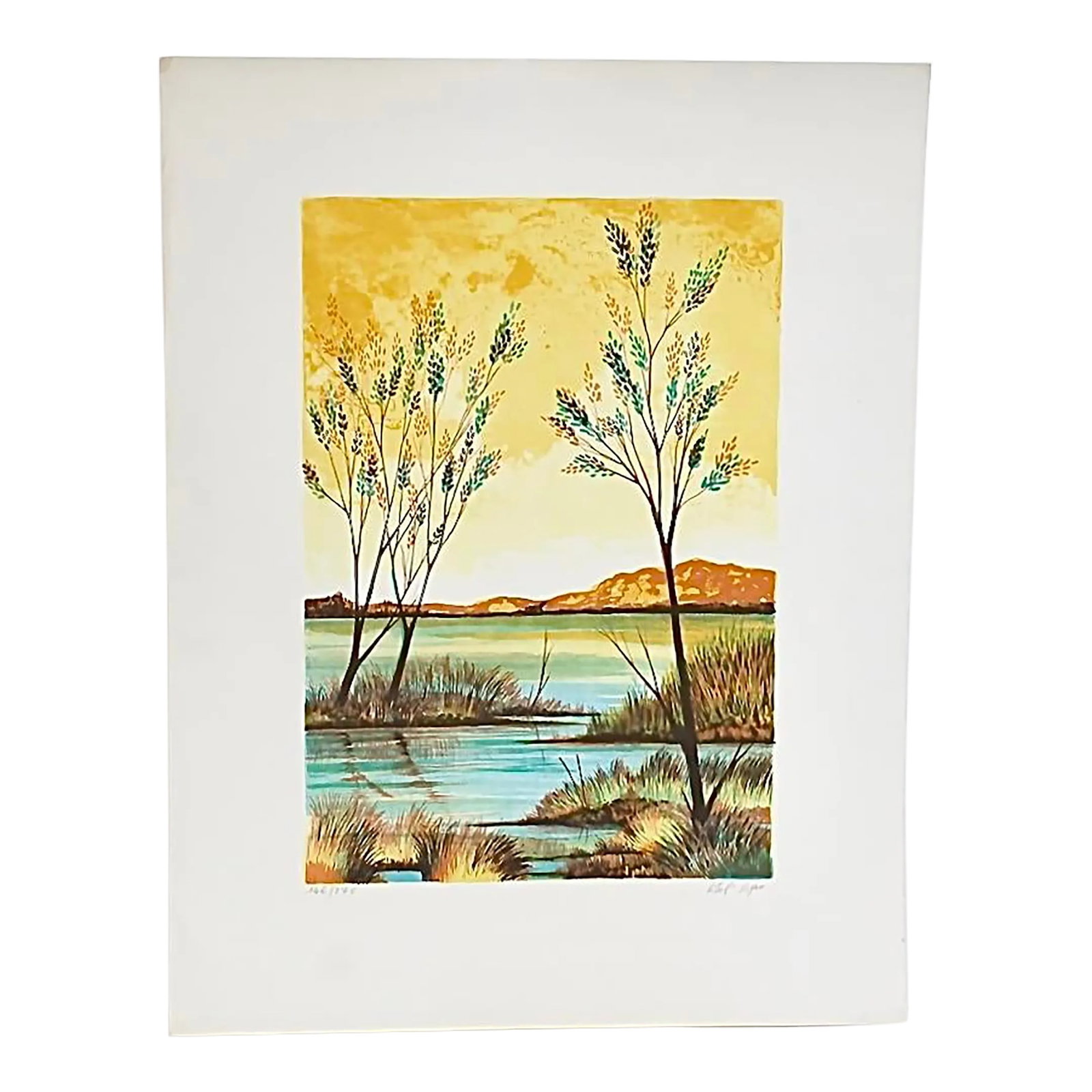 Vitali Orfeo Lithograph | Shoreline Landscape: Signed and numbered lithograph by artist Vitali Orfeo features stunning colors and meticulous details of a peaceful, picturesque coastal scene. Signed 146/275. Unframed. Condition: Very Good.