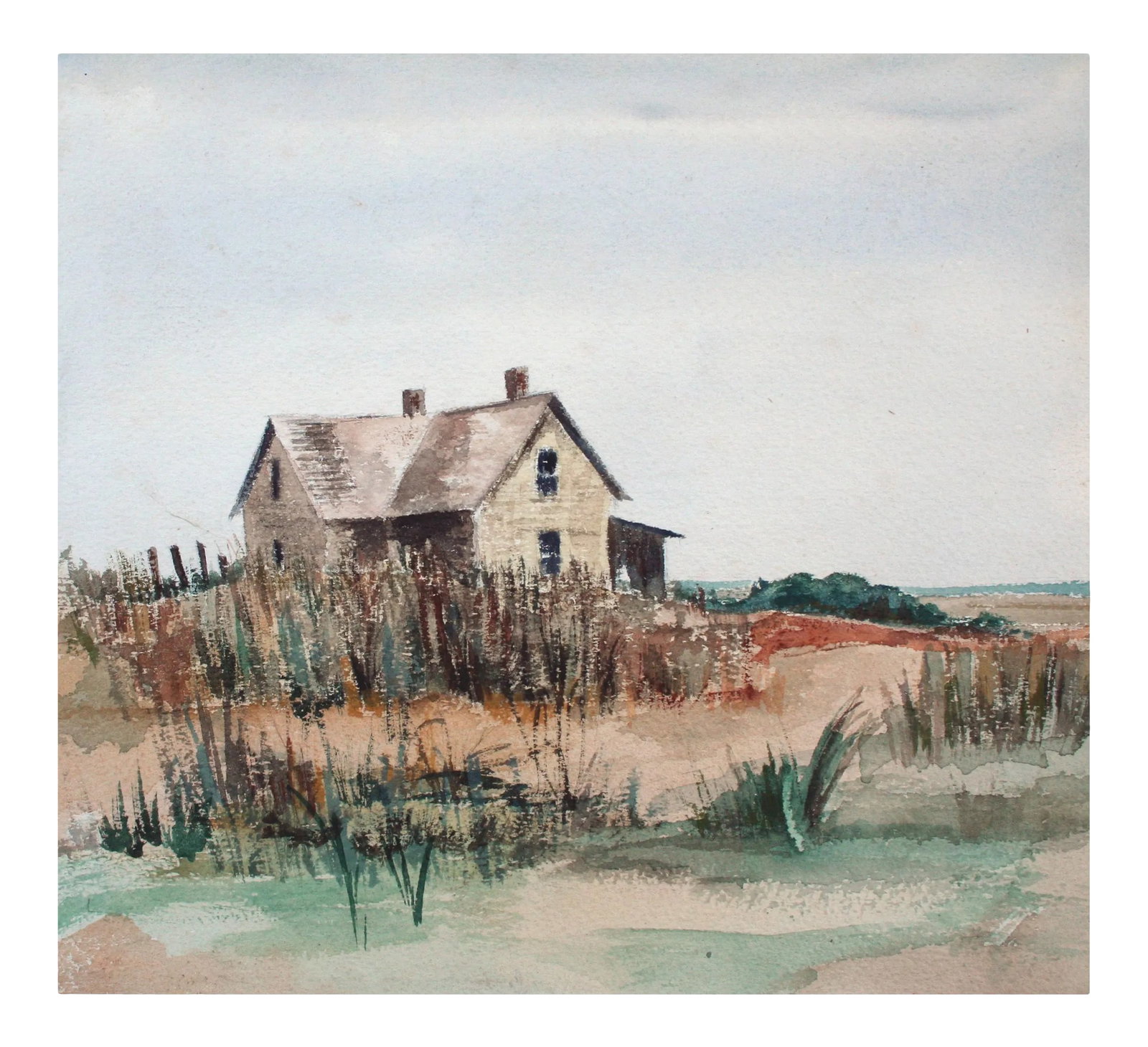 Unknown Barn by the Sea Beachy Watercolor Landscape Late 20th Century: Tranquil landscape of a seaside barn on the sand surrounded by coastal plants, in soft neutral watercolors, by an unknown artist. Unsigned and unframed. Image size: 9.75 H x 10.5 W. Condition: Alterat