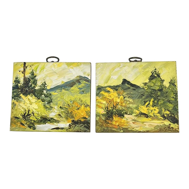 1970's Original Impressionist Alix Rowena Stefan Landscape Oil Paintings - A Pair: This pair of 1970's Original Impressionist Alix Rowena Stefan Landscape Oil Paintings are vibrant and beautifully executed on wood blocks with an added screw hook atop each one. They would look