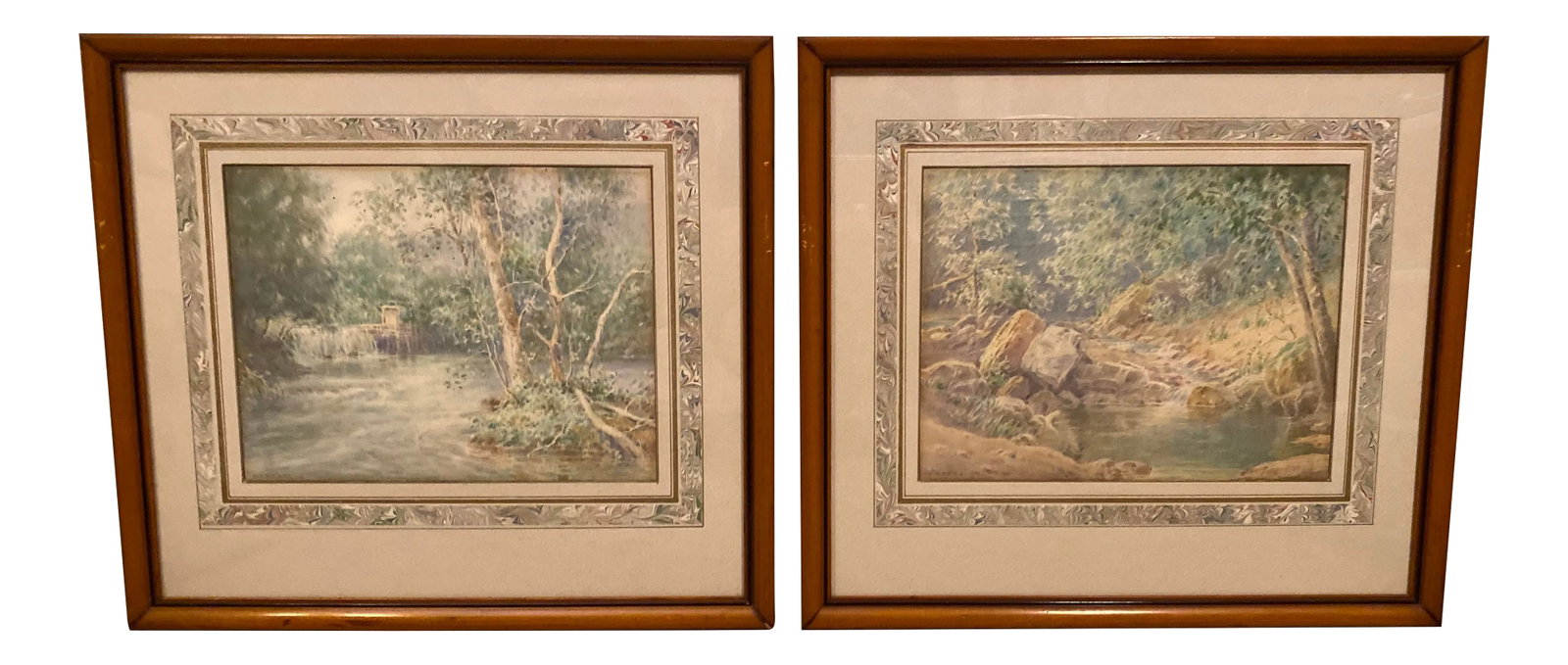 Carroll Colby Child Listed Artist Wooded Landscape Watercolors - a Pair: A lovely pair of wooded landscape watercolors from listed artist Carroll Colby Child. Similar in subject, feel, and color, each is professionally triple matted with lovely patterned border and framed