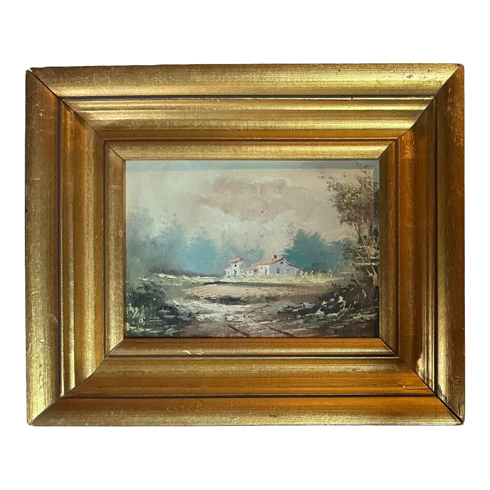 Vintage Painting - Country Landscape - Later 20th C: Country Landscape with Home Artist: Unsigned Medium: Oil on Canvas , Wood Frame Era/Year: Later 20th Century Size: 13 x 11 ; 8 x 6 Condition: Overall Very Good with Imperfections to Framing