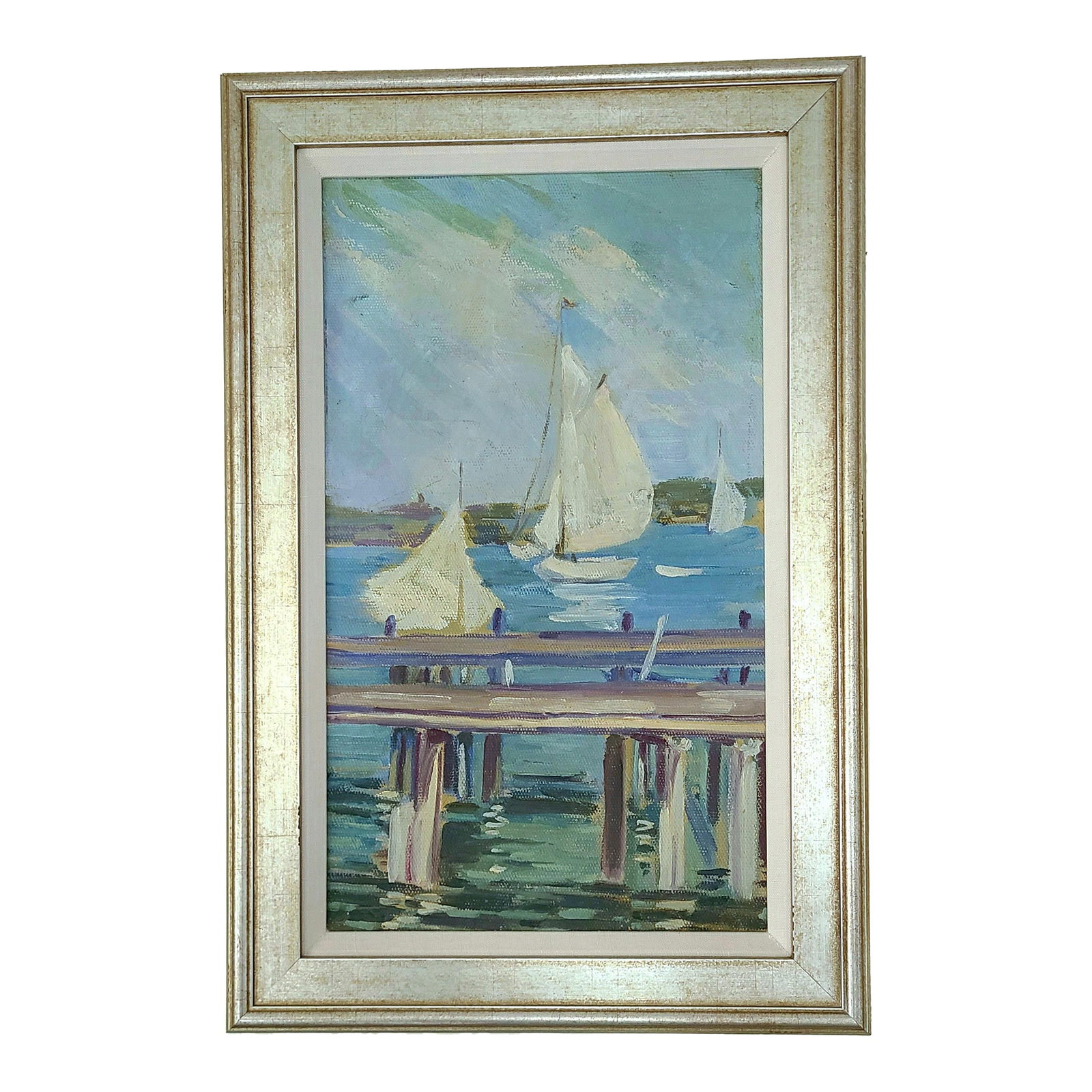 Original Oil Painting 'Under Sail', Framed: 1970's Vintage oil painting on board set in a soft brushed silver frame with linen liner Original art, unsigned Condition: Alterations: Original Condition Unaltered Imperfections: Some Imperfections C