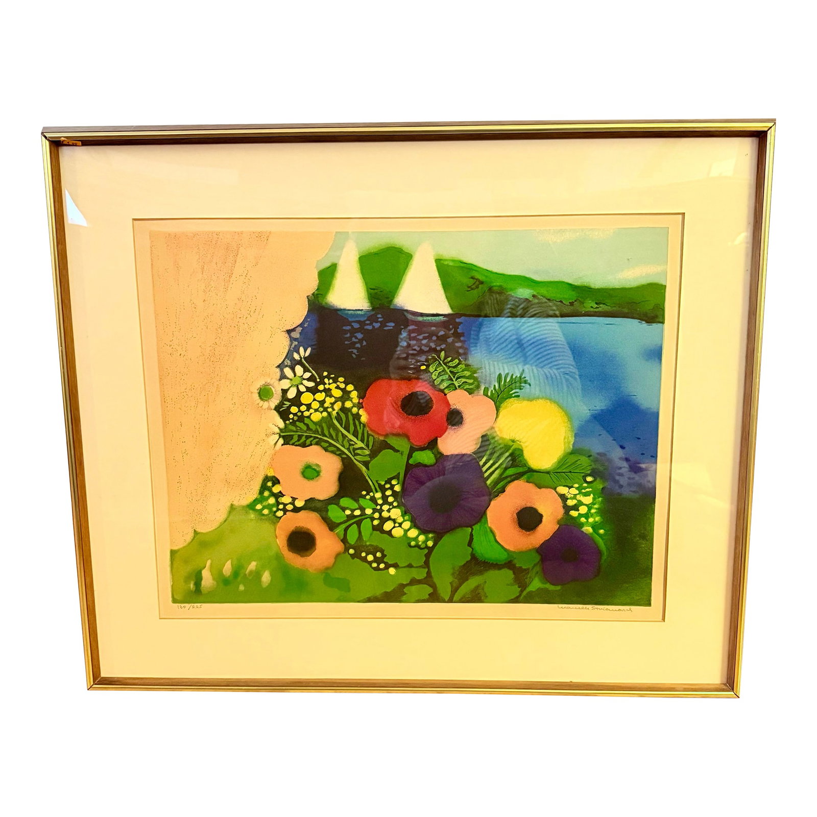 1970s Marcelle Simone Stoianovich Parisian Artist Signed Lithograph Print Flowers and Sailboats: Floral and Sailboat Coastal Scene wth brightly colored flowers adorn the foreground, while sailboats sit gracefully in the water, evoking a sense of tranquility. The artwork is signed by the artist an