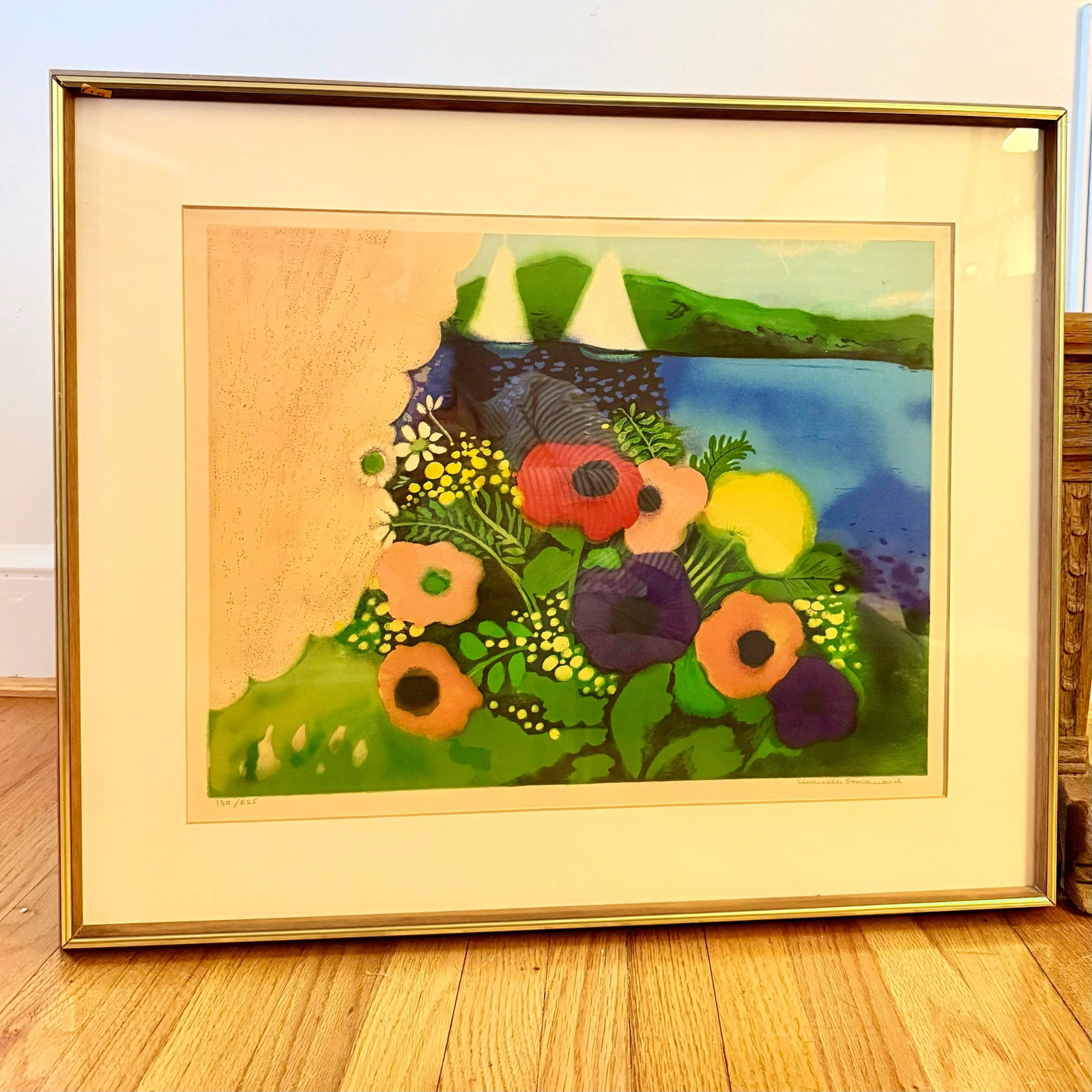 1970s Marcelle Simone Stoianovich Parisian Artist Signed Lithograph Print Flowers and Sailboats - 2