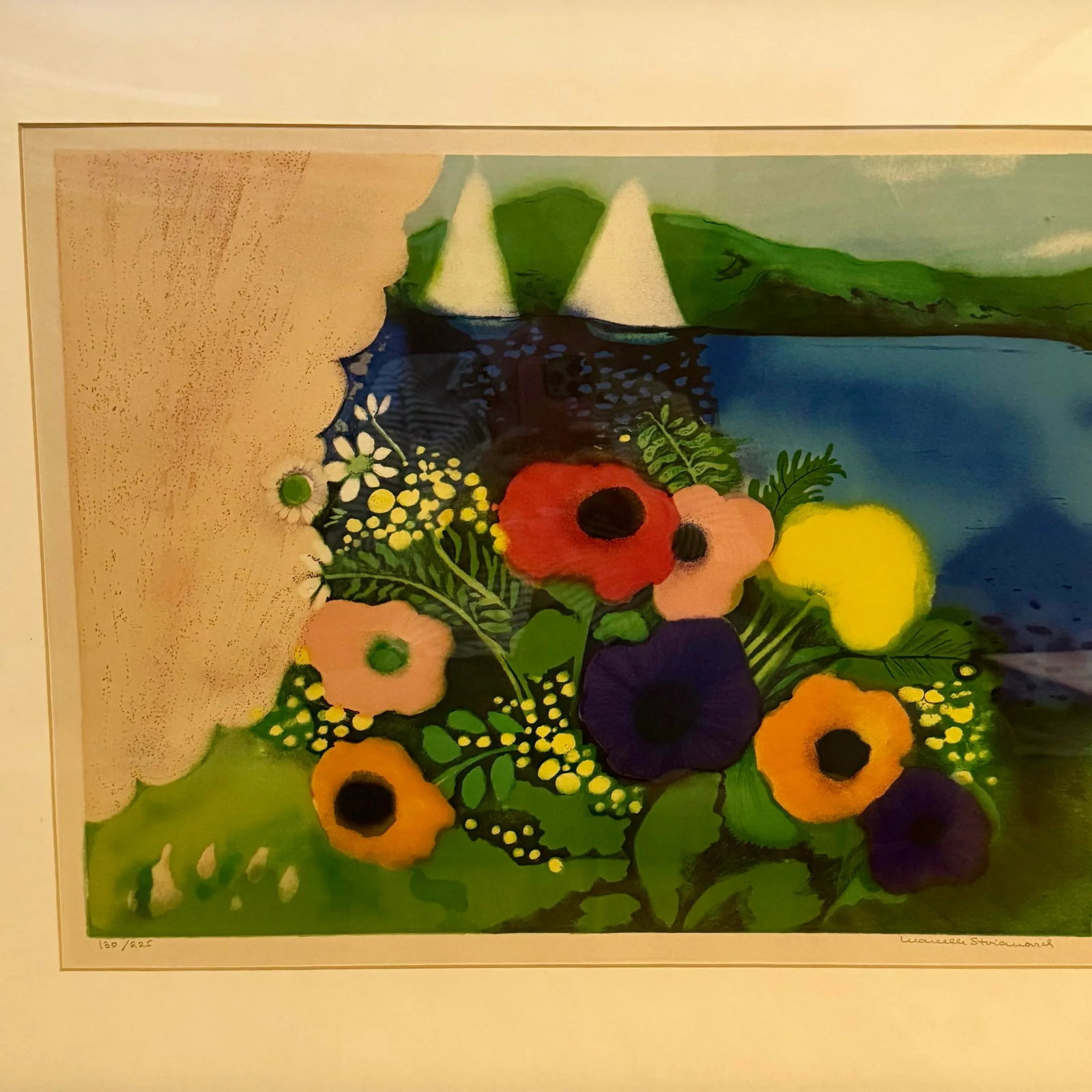 1970s Marcelle Simone Stoianovich Parisian Artist Signed Lithograph Print Flowers and Sailboats - 3