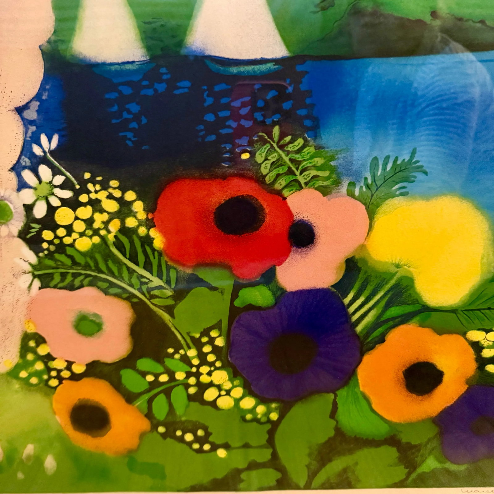 1970s Marcelle Simone Stoianovich Parisian Artist Signed Lithograph Print Flowers and Sailboats - 4
