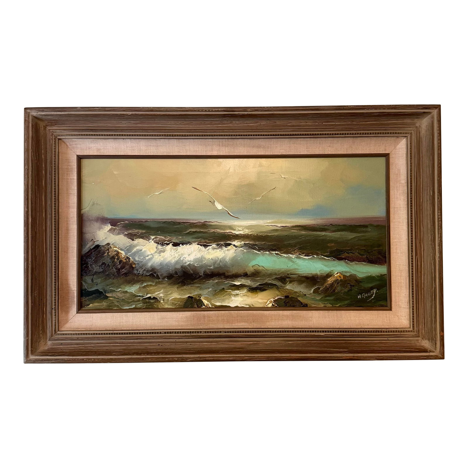 Mid-Century Seaside Landscape Oil Painting on Canvas, Signed: This is a beautiful textured painting depicting waves breaking on shore rocks while the eyes follow seagulls in flight. Whether you are a lover of the ocean or of birds, this picture will offer a welc