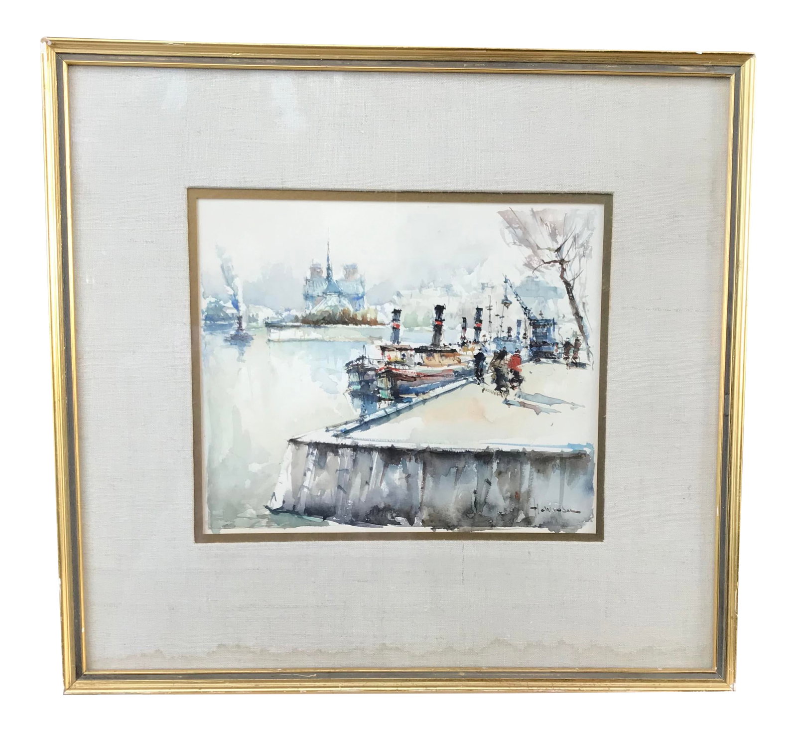 French Signed Watercolor Painting: Listed artist H. Weber European waterfront scene with Cathedral in background. Watercolor dimensions are 10"x8" framed dimensions are 16.5"x15.5" Condition: Alterations: Original Condition Unaltered I