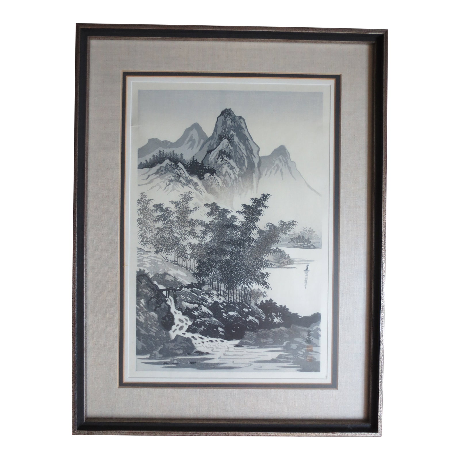 Japanese Woodblock Print "Bamboo and Mountain" Signed by Imoto Tekiho , Framed: Imoto Tekiho Woodblock Print Bamboo and Mountain The lovely woodblock print is signed by Imoto Tekiho. Imoto Tekiho was born in Oita in 1909. He learned Nanga style landscape drawing under Domoto.