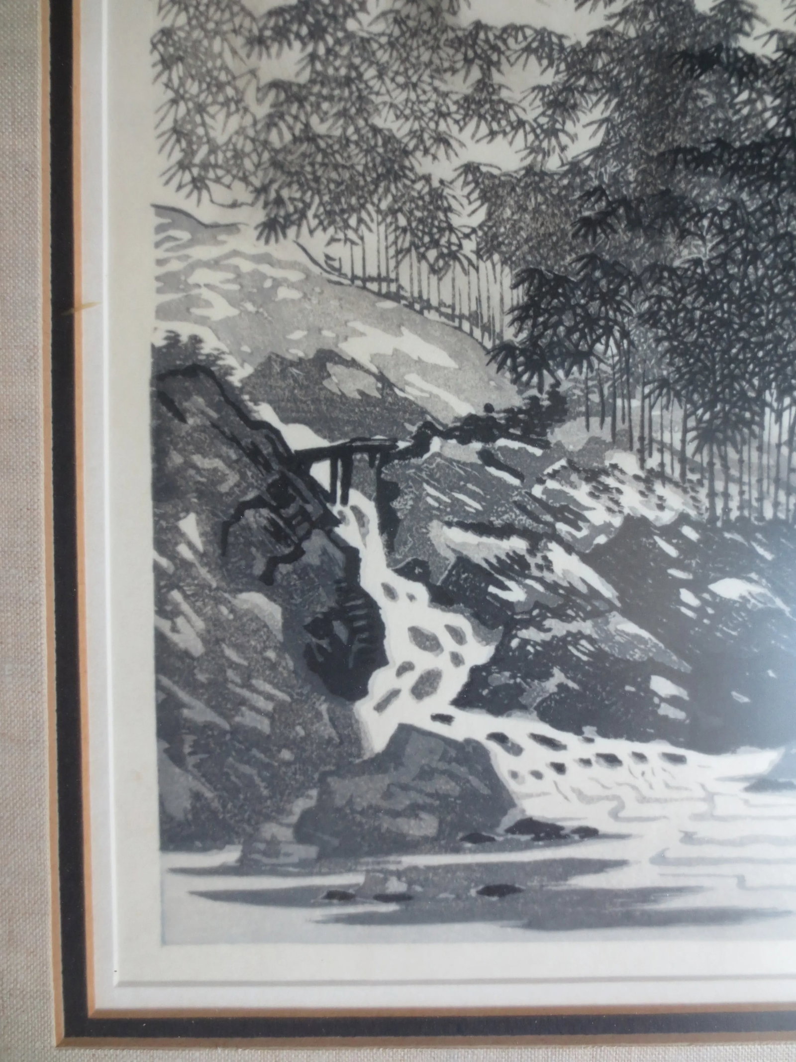 Japanese Woodblock Print "Bamboo and Mountain" Signed by Imoto Tekiho , Framed - 5