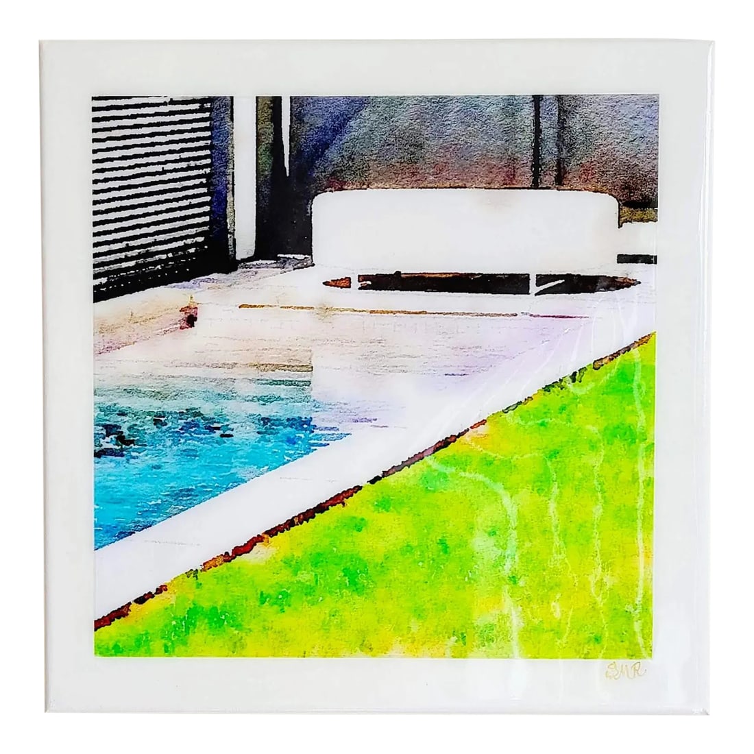Hockney Style Swimming Pool Art - Digital Watercolor Print Sealed With Resin on Canvas by Suzanne Ma: Each art piece in this collection of "Cool Pools & Palms" is an original photograph which has been manipulated digitally to resemble a watercolor painting. Many of the photos were taken while on