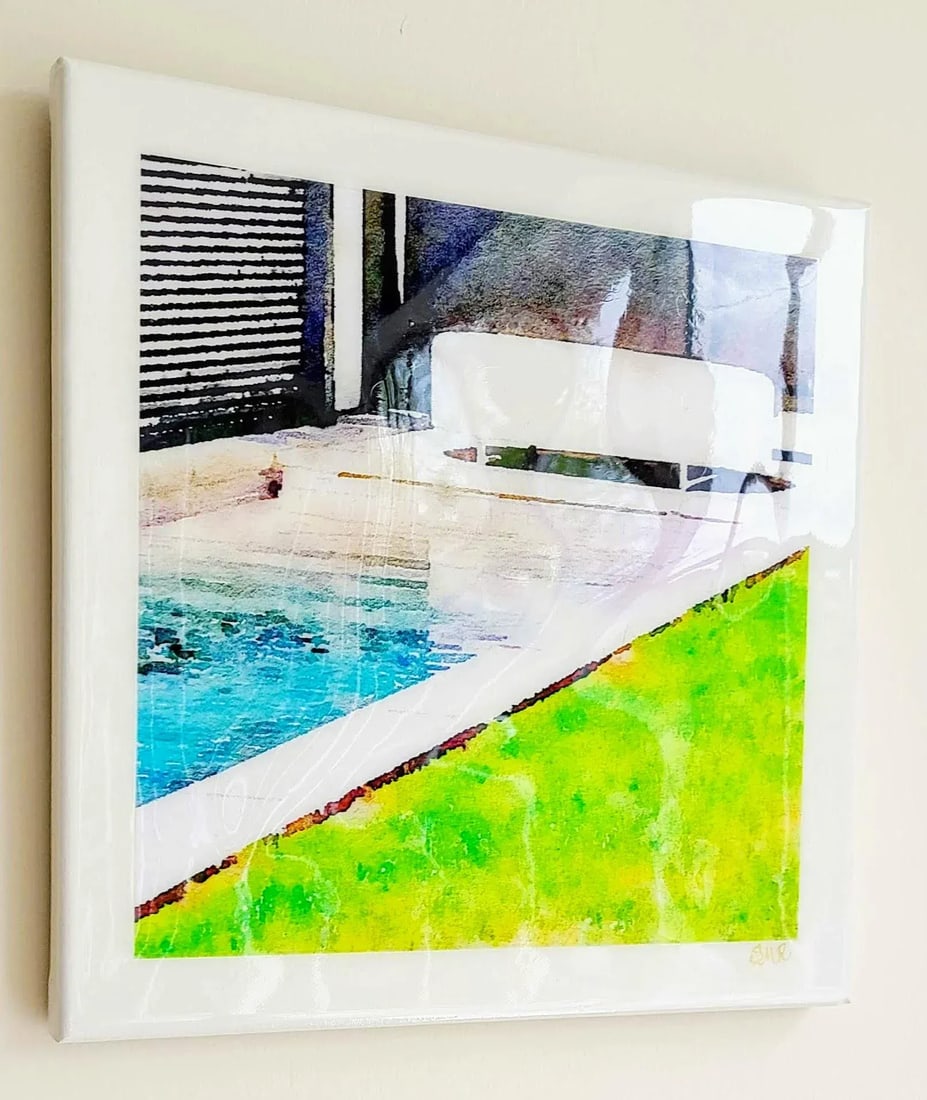 Hockney Style Swimming Pool Art - Digital Watercolor Print Sealed With Resin on Canvas by Suzanne Ma - 4