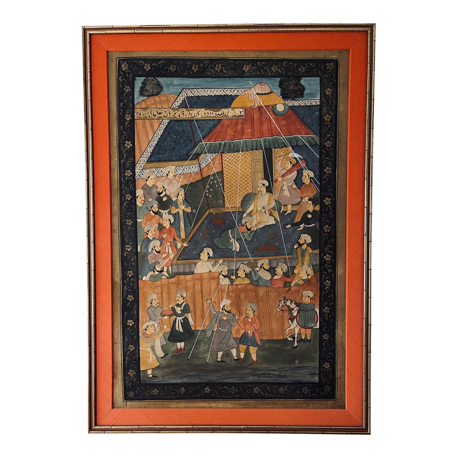 1930s Vintage Persian Painting on Fabric, Framed: This is an enormous piece of Persian art! Measuring almost 6 feet tall (68"), It is a statement piece. It is finally executed on fabric with watercolor and perhaps gouache. It depicts a scene of a ver