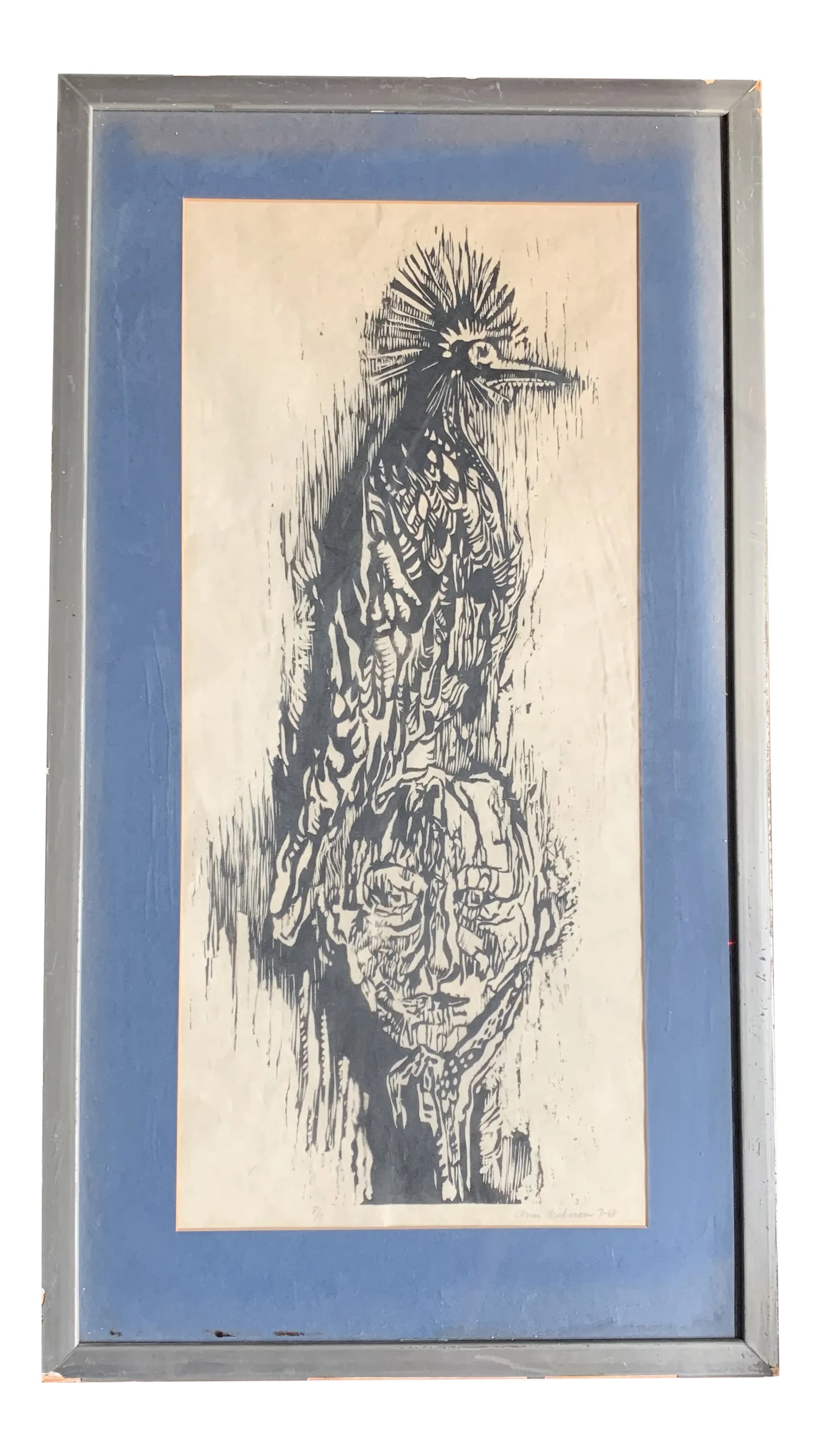 Mid-Century Signed and Numbered Lithograph: This is a large striking image of black ink on paper of an older person with a bird on their head. In Native American art the symbolism of birds is often a connection between the real world and the