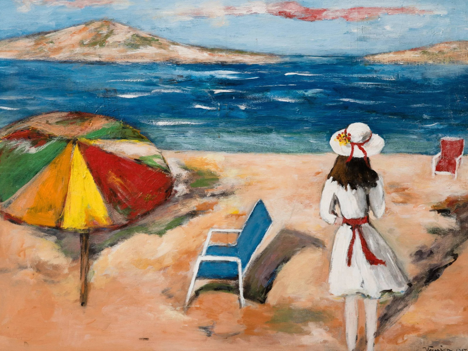 Surrealist Mediterranean Beach Scene Painting, circa 1983 - 2