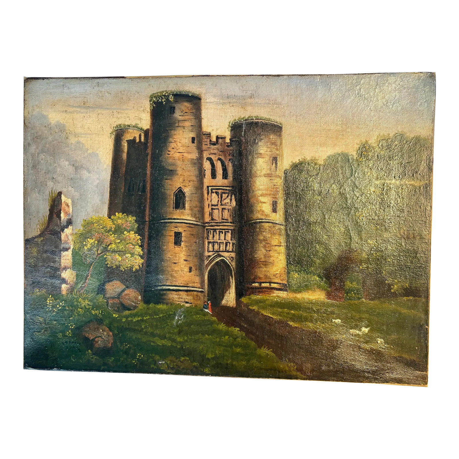 Early 20th Century French Castle Art Oil on Canvas: Found in the South of France, this Early 20th Century Castle Art was hand painted on canvas in the early 1900's. The piece features a castle scene in the country side surrounded by rocks, architectura