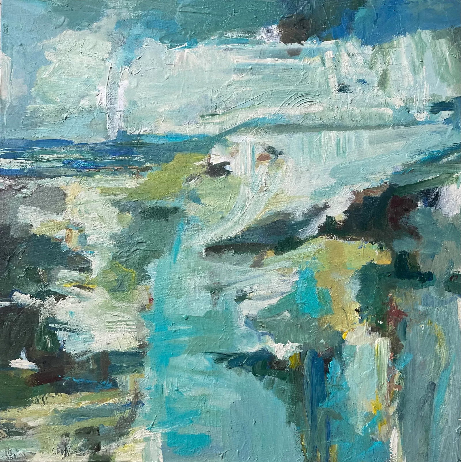 Original Painting 'Every Moment New"' Blue Abstract Expressionist Painting by Michele Zuzalek: "Every Moment New" "Every Moment New" is a tranquil abstract painting in blues and greens, where color feels both fluid and grounded. Layers of texture build a quiet complexity-some passages soft and