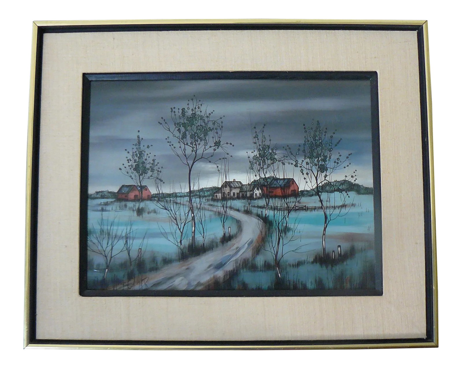Mid Century Landscape by Hugo Casar in Original Frame: Hugo Casar (1911-1975) is a well-known and collected artist known mostly for his depictions of clowns and children. This is a beautifully executed landscape (which I prefer, as his clowns and