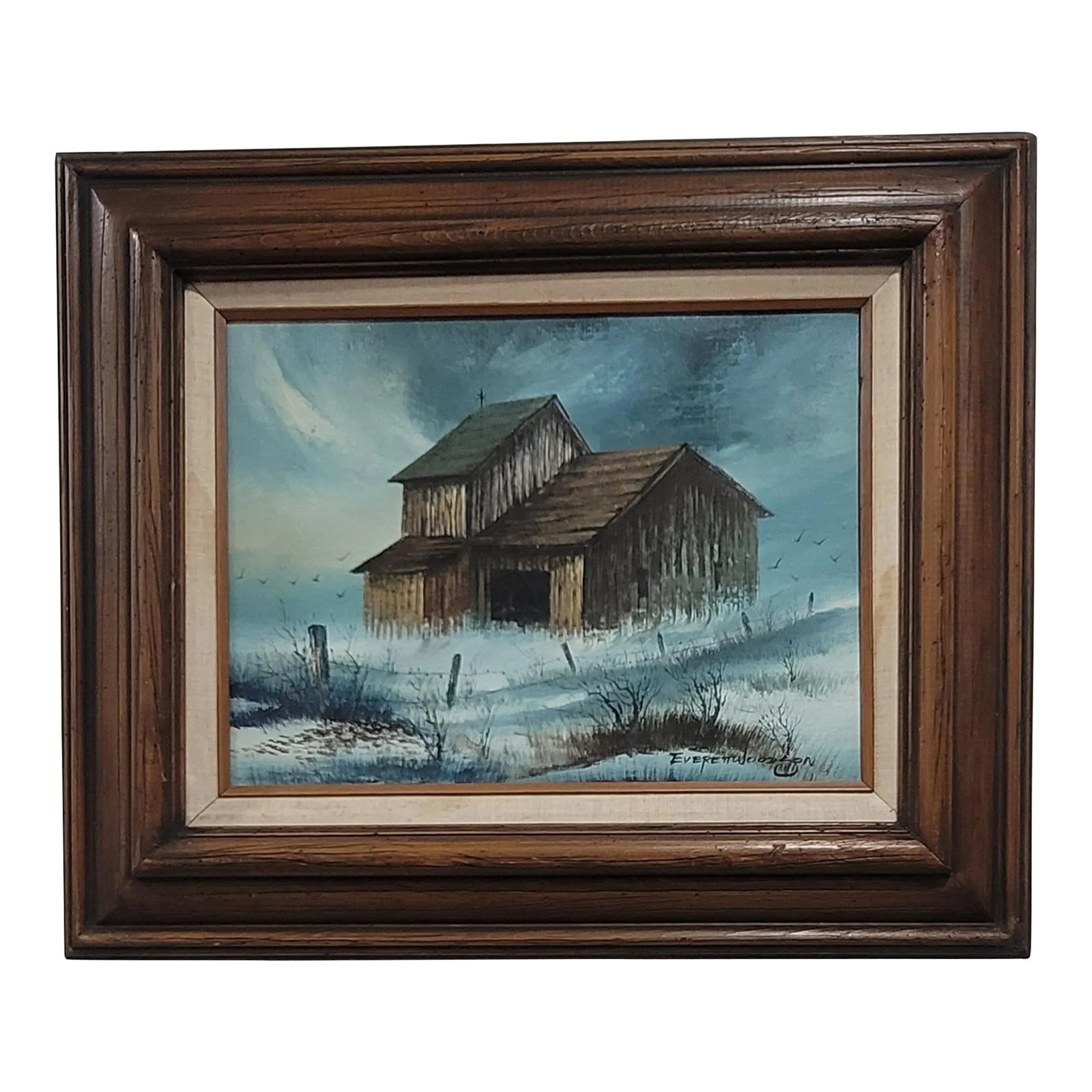 1970s Americana Farmhouse Landscape Original Oil Painting by Everett Woodson: EVERETT WOODSON Rural Farm Landscape Original Oil Painting, crafted in 1977, captures the essence of Americana through a realistic portrayal of farming landscapes. It is an original piece, signed by