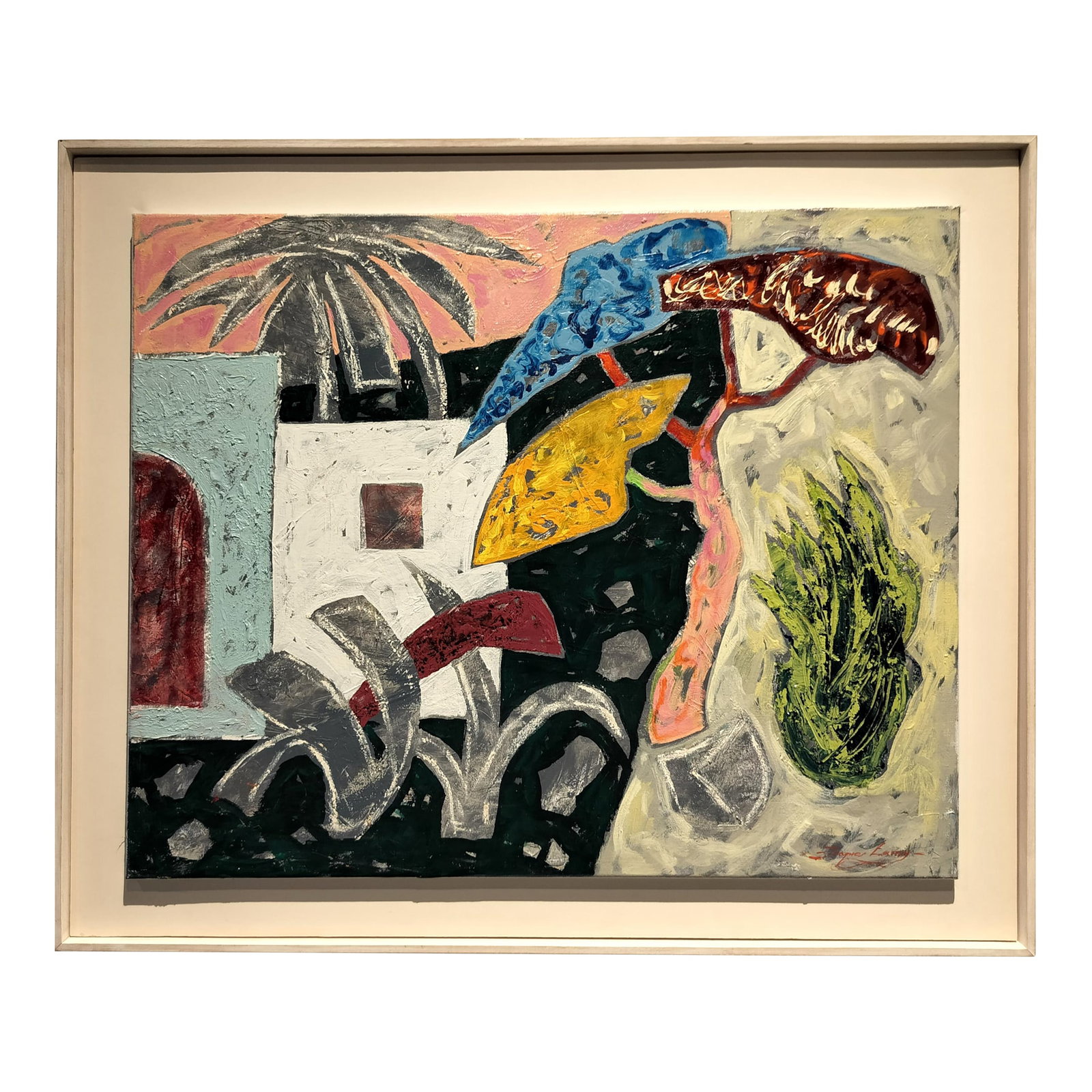 "Happy Desert Home" Colorful Southwestern Landscape by Jacques Lamy: Vibrant and poetic Surrealist Southwestern landscape by Texas artist Jacques Lamy, titled, "Happy Desert Home". Acrylic on canvas. Signed lower right. From the estate of Jacques Lamy. Measurements