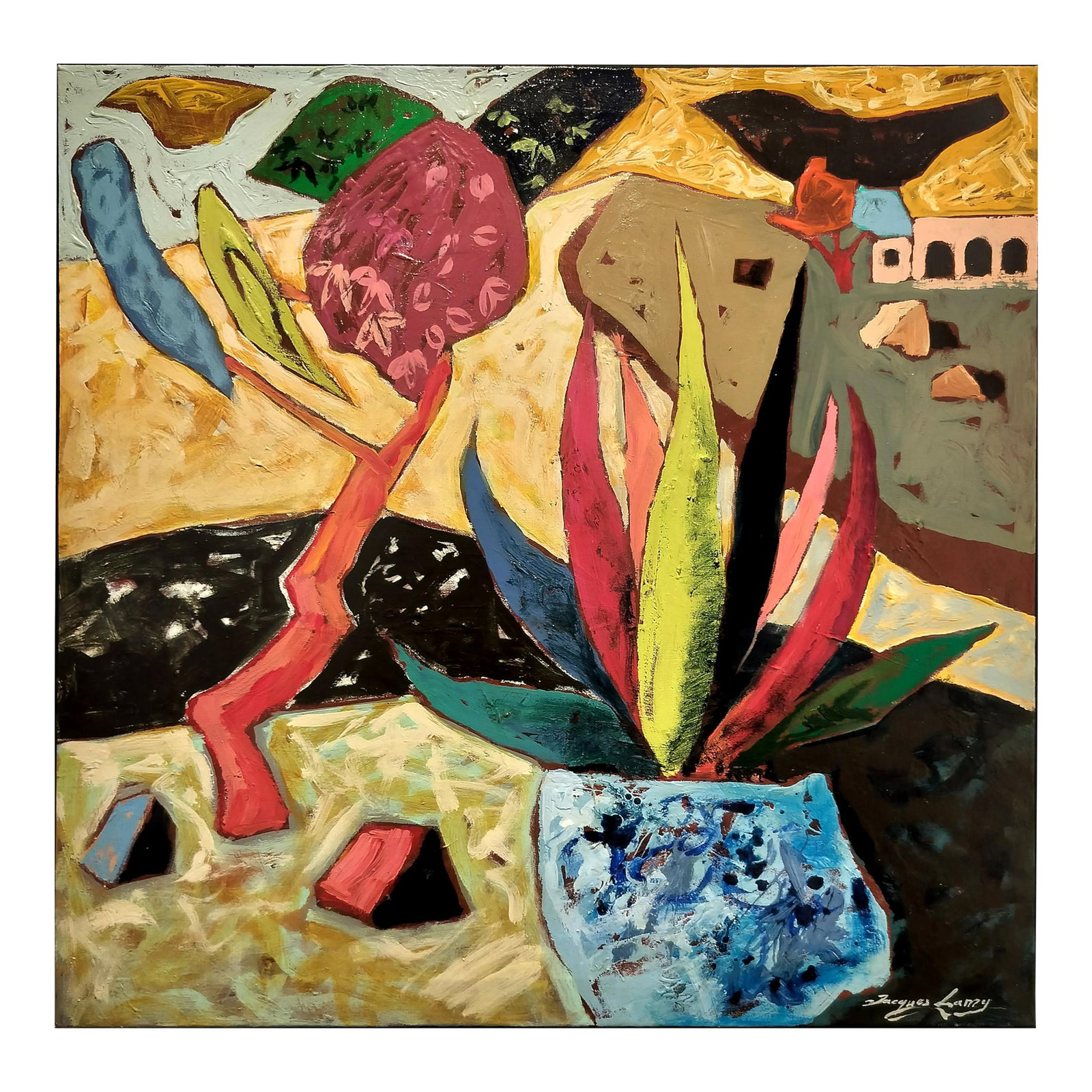 Bright Desert Landscape Titled "Rainbow Yucca" by Jacques Lamy: Vibrant and poetic Surrealist Southwestern landscape by Texas artist Jacques Lamy, titled, "Rainbow Yucca". Acrylic on canvas. Signed lower right. Measures 28" wide x 28" high. From the estate of Jacq