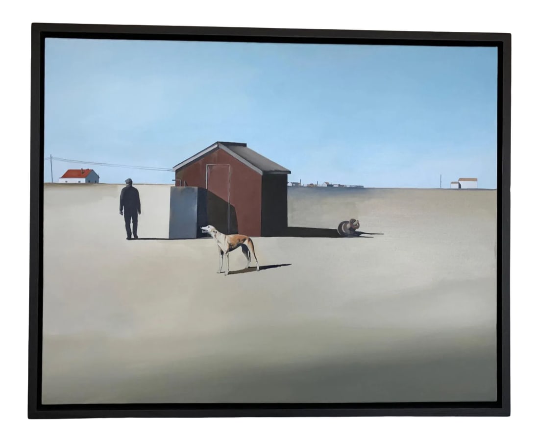 "The Walker" Contemporary Figurative Minimalist Landscape Oil Painting, Framed: Original Oil on Canvas By British Artist Hogan Brown Title: The Walkjer Medium: Oil on canvas Size Framed: 36" x 24" Size Unframed 32 x 22" Never one to tell a straightforward narrative, Brown's paint