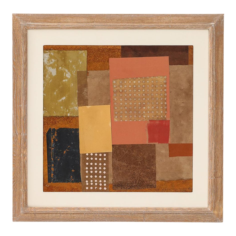 Sarah Desmarais, Dusk, Porthleven, Framed: - Mixed media collage. Newly framed in limed oak with UV-resistant plexiglass. - Sarah Desmarais works in a variety of media including oil paint, collage and gouache. Her compositions are developed