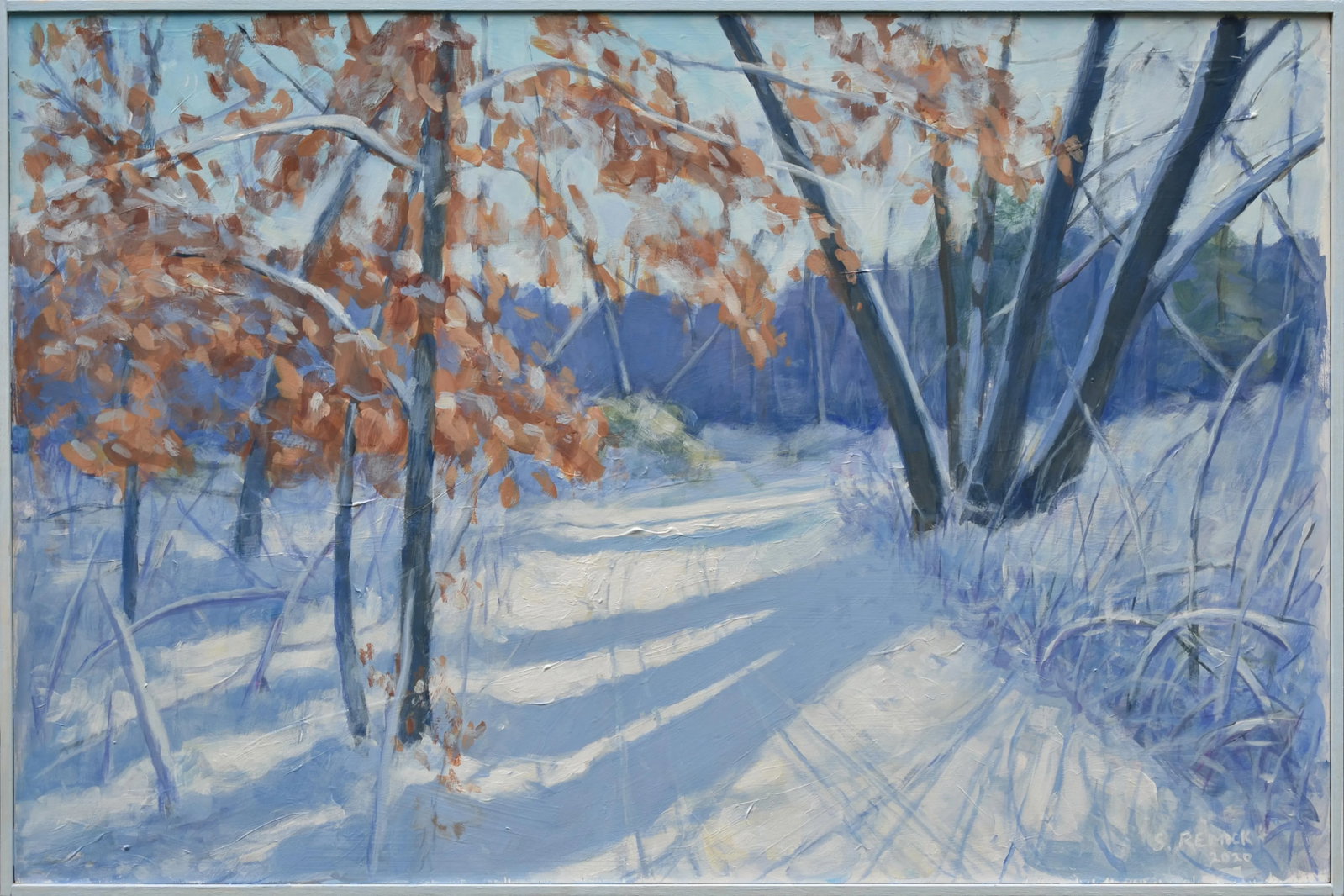 "Snowy Path by the Beech Tree" Contemporary Acrylic Painting by Stephen Remick, Framed - 11