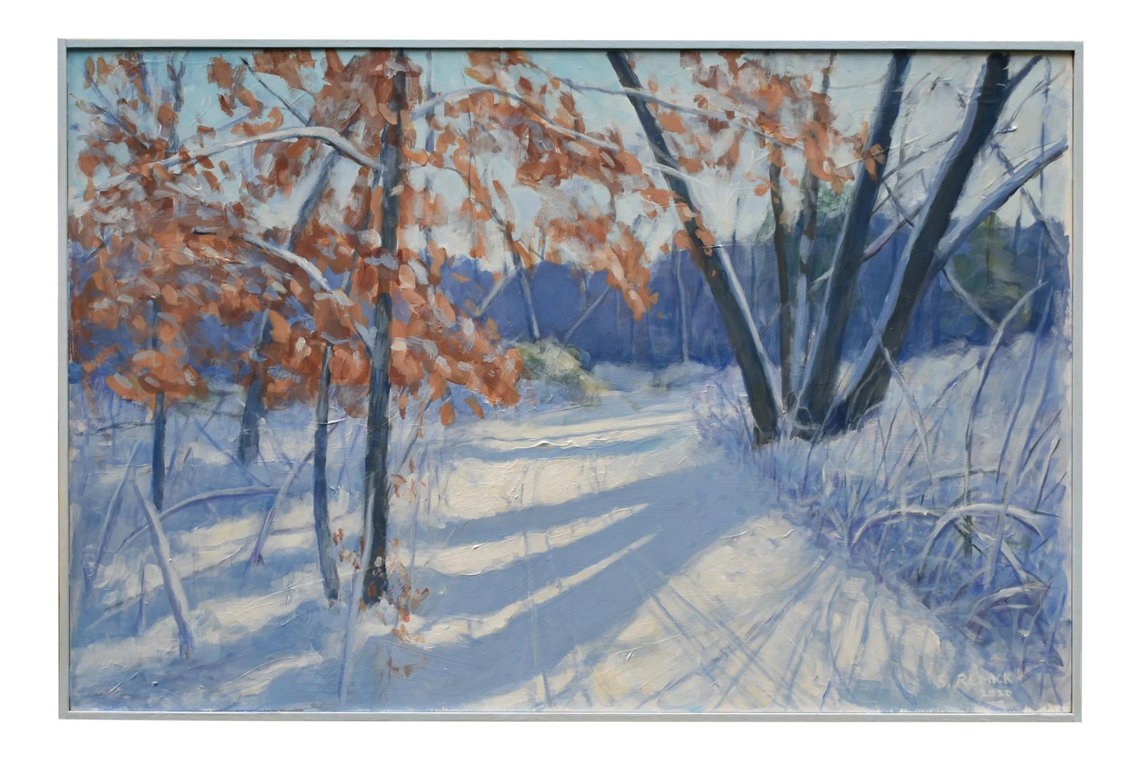 "Snowy Path by the Beech Tree" Contemporary Acrylic Painting by Stephen Remick, Framed (1 of 11)
