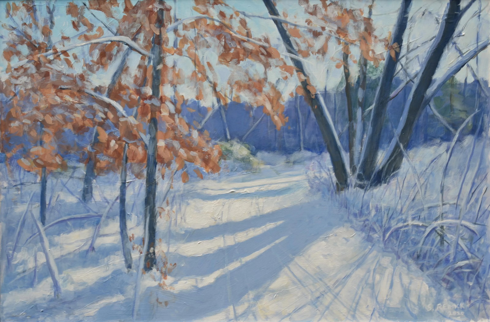 "Snowy Path by the Beech Tree" Contemporary Acrylic Painting by Stephen Remick, Framed - 2