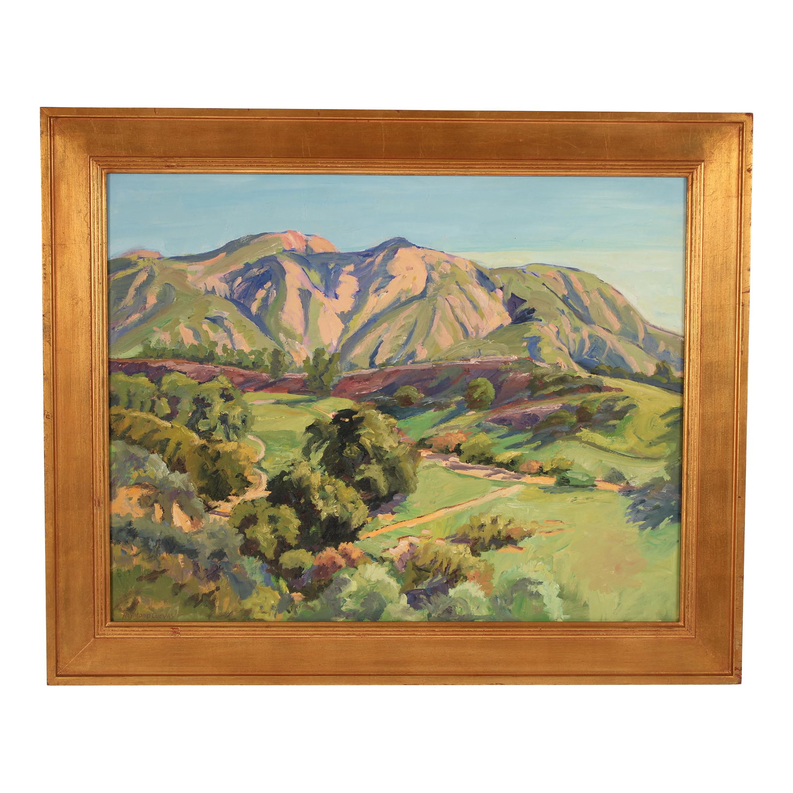 California Landscape Painting by Raymond Cuevas (1932-2020): California impressionist landscape painting by Raymond Cuevas (1932-2020). Oil on canvas. Frame dimensions, height 27.5" width 33". Painting dimensions, height 21.25" width 27.5. Condition: