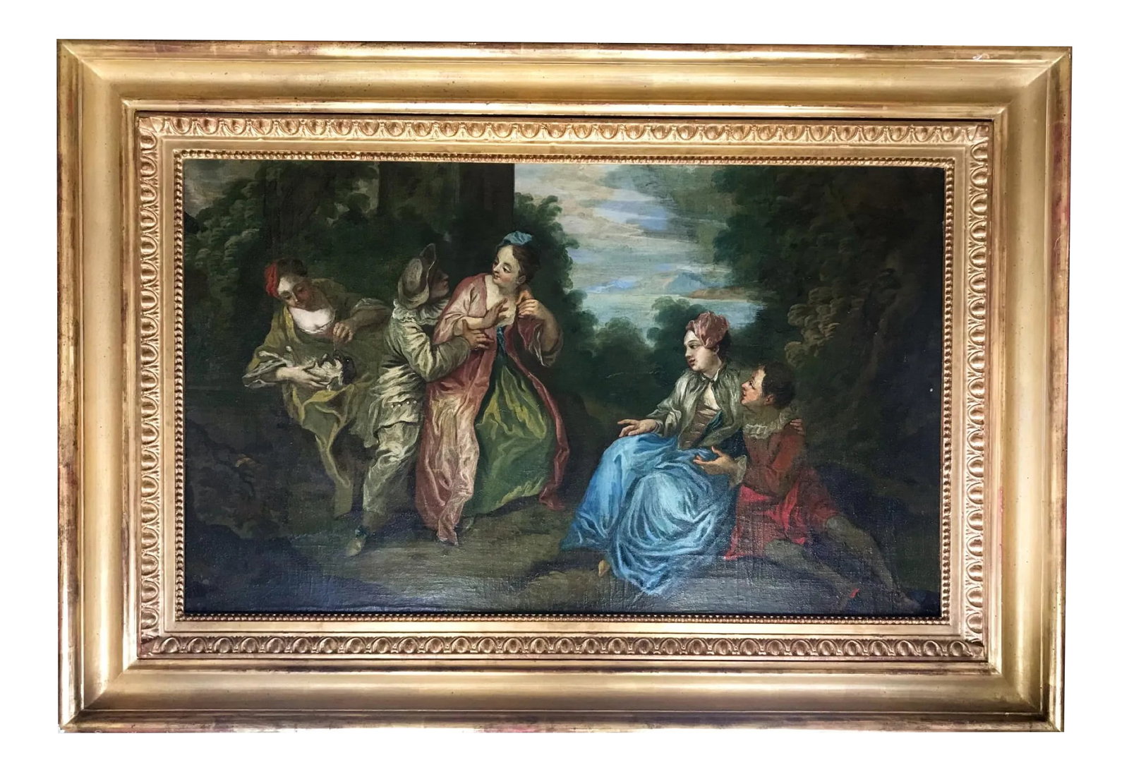 18th Century Figurative French Rococo Oil Painting After Francois Boucher, Framed: 18th Century French Rococo Painting by Follower of Francois Boucher This idyllic pastoral oil painting shows Boucher's impact on this follower artist. A group of shepherdess' and harlequins in a