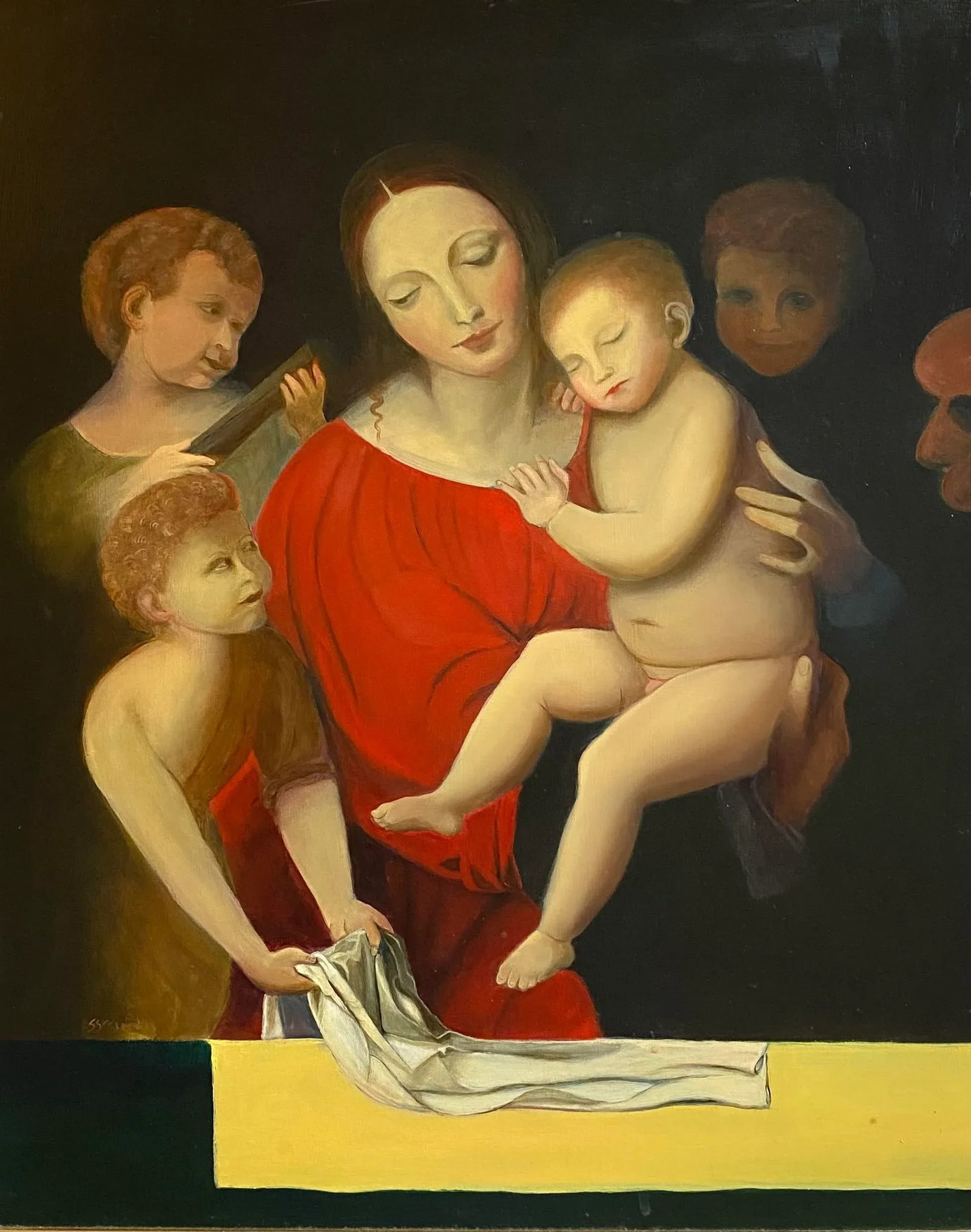Satori Gregorakis 1990s Vintage Raphaelite Style Oil Painting of Madonna and Child - 2