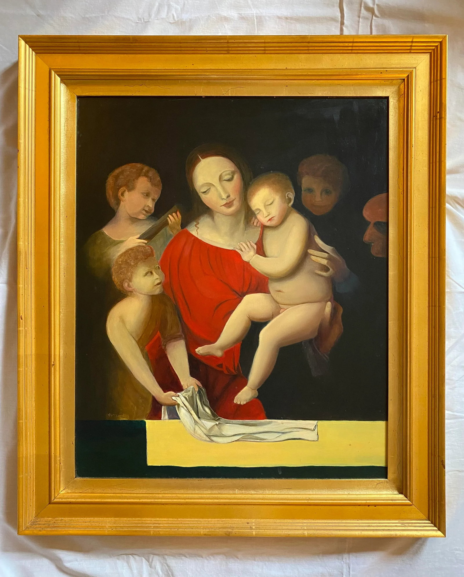 Satori Gregorakis 1990s Vintage Raphaelite Style Oil Painting of Madonna and Child - 3