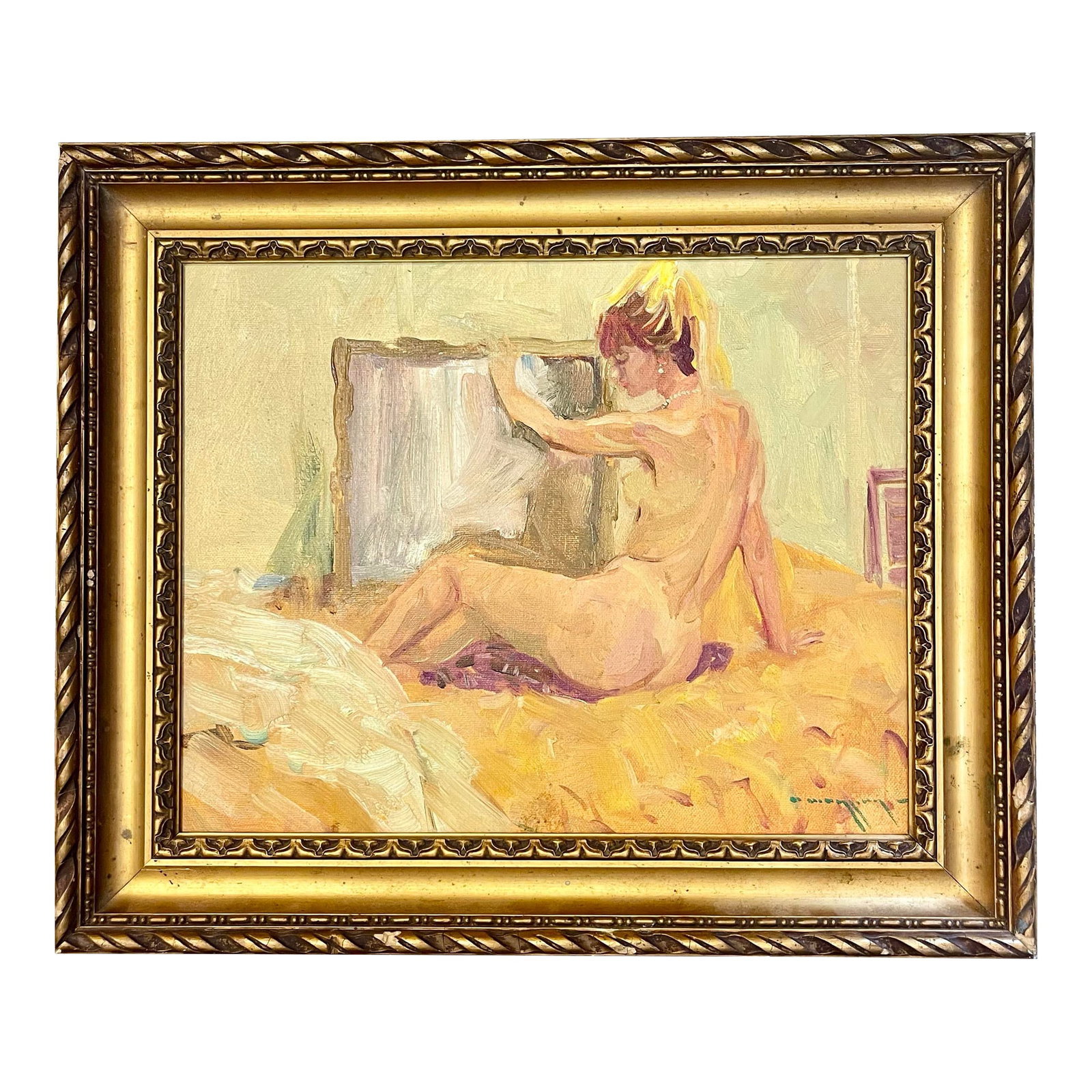 Oil Painting of a Naked Woman in a Mirror France 1960: Oil painting of a nude woman at a mirror France 1960 This painting depicts a young nude woman from behind on a comfortable bed. She strikes a lascivious pose in front of a mirror. The colors are