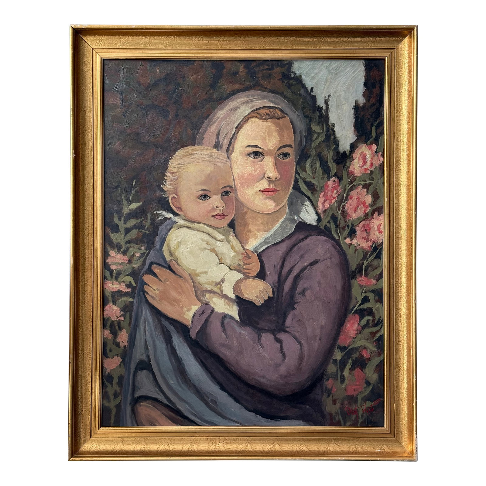 Late 20th Century Large Scandinavian Expressionist Portrait of a Mother & Child in a Swirling Landsc: A gentle expressionistic portrait of a mother and baby in a stylized landscape. I love the pattern and movement of the pink flowers, the soft colors and the unified gaze of the pair. The landscape swi