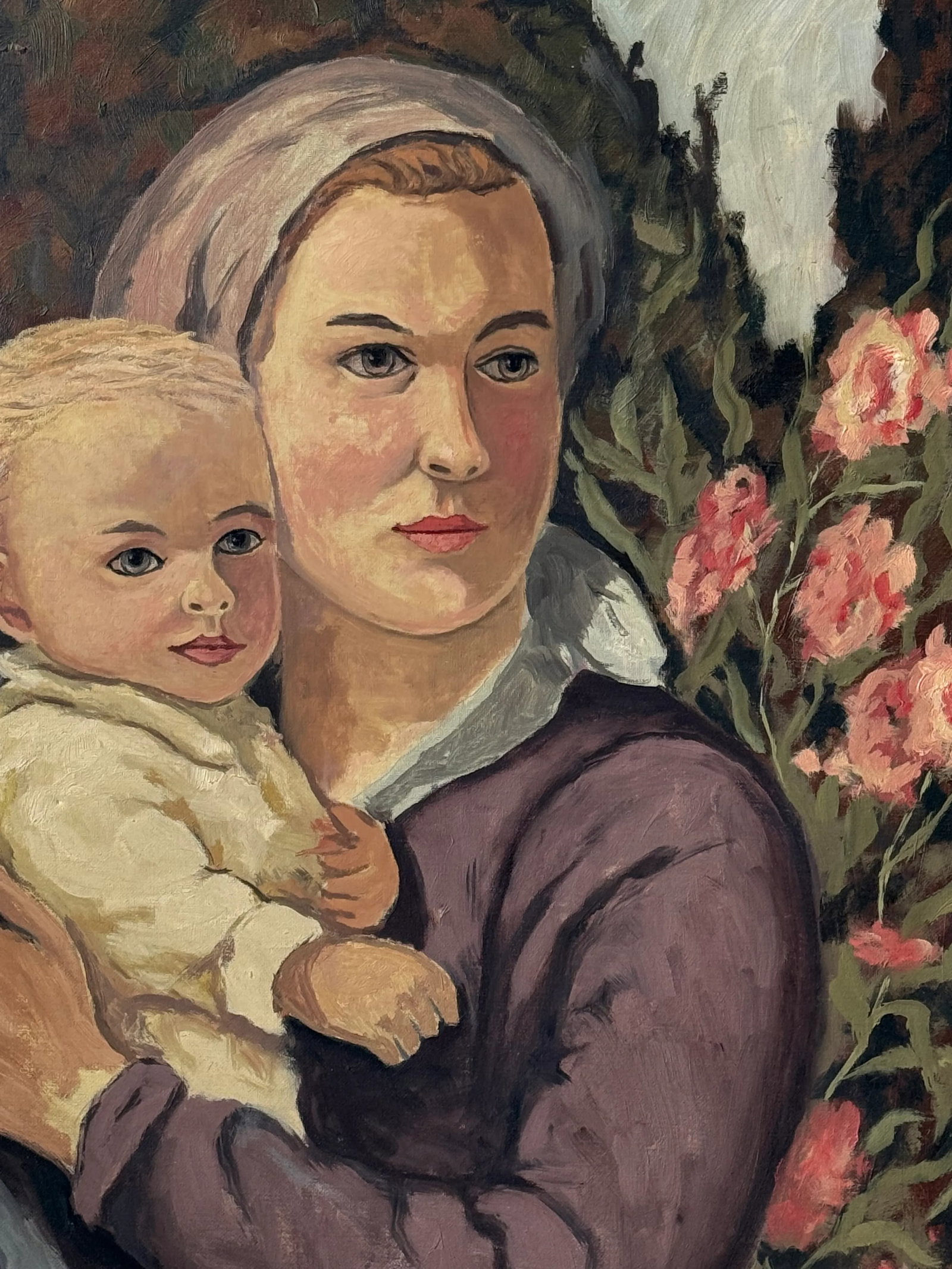 Late 20th Century Large Scandinavian Expressionist Portrait of a Mother & Child in a Swirling Landsc - 2