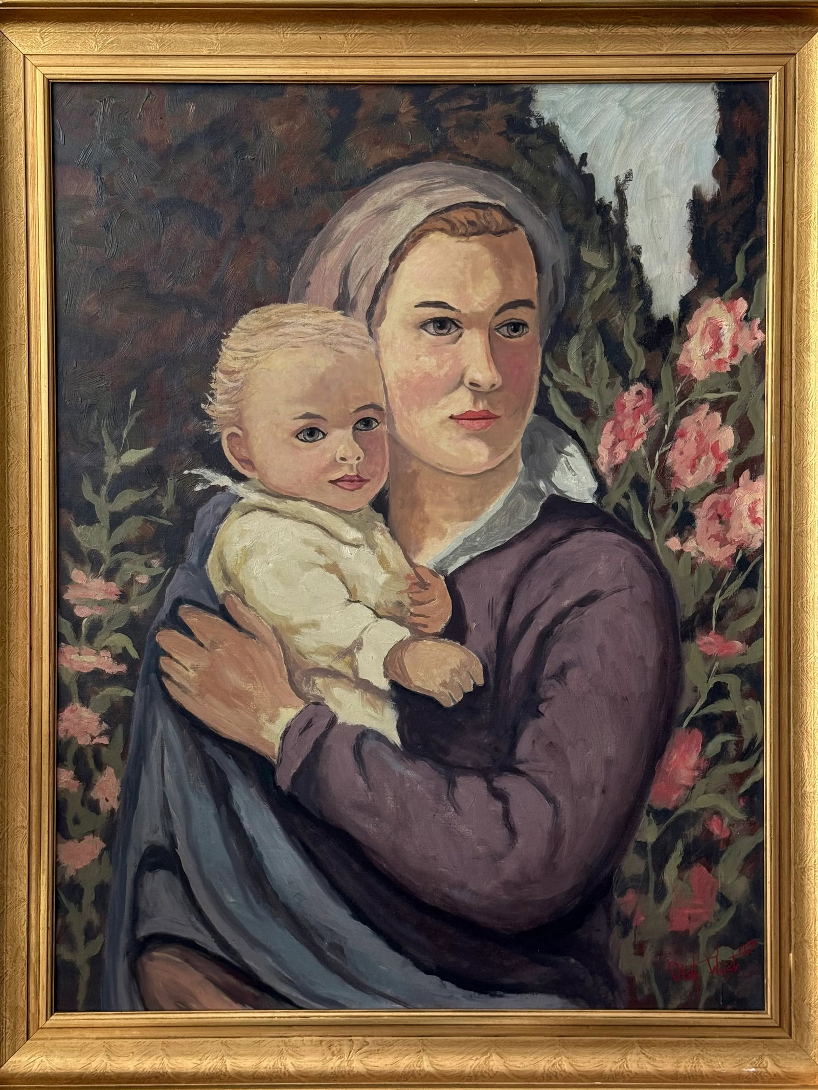 Late 20th Century Large Scandinavian Expressionist Portrait of a Mother & Child in a Swirling Landsc - 3