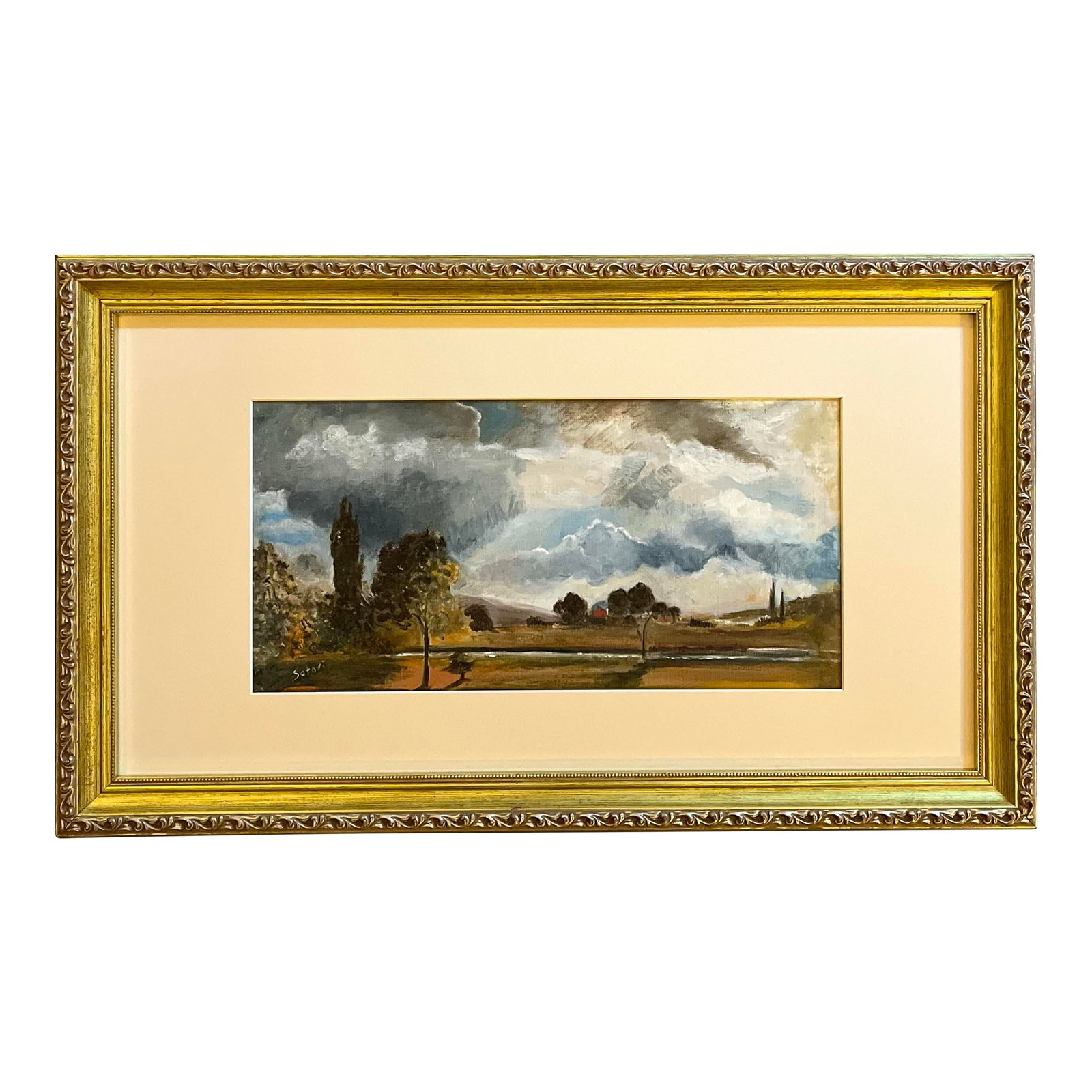 English Landscape Painting: Oil painting on artist's canvas paper of an English landscape in the manner of John Constable by Satori Gregorakis. Signed in the lower left corner. I am dedicated to the pursuit of beauty through
