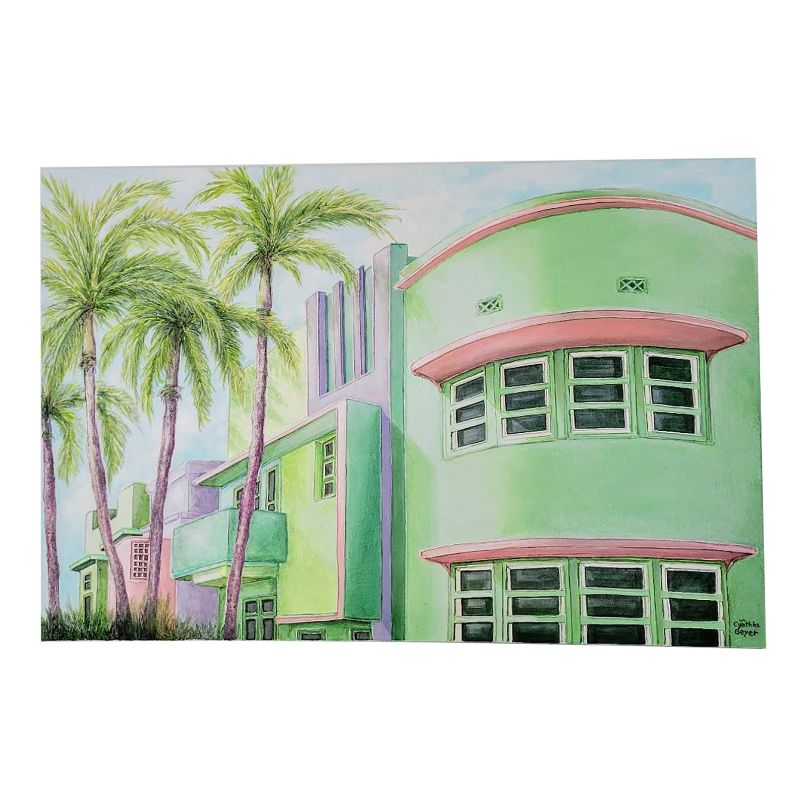 Palm Trees Architecture of South Beach Miami by Cynthia Geyer: I paint a great deal of architectural scenes. Miami Florida where I grew up is a prime example of a very unique time with architectural design. I painted this painting using texture mediums. Miami DEC