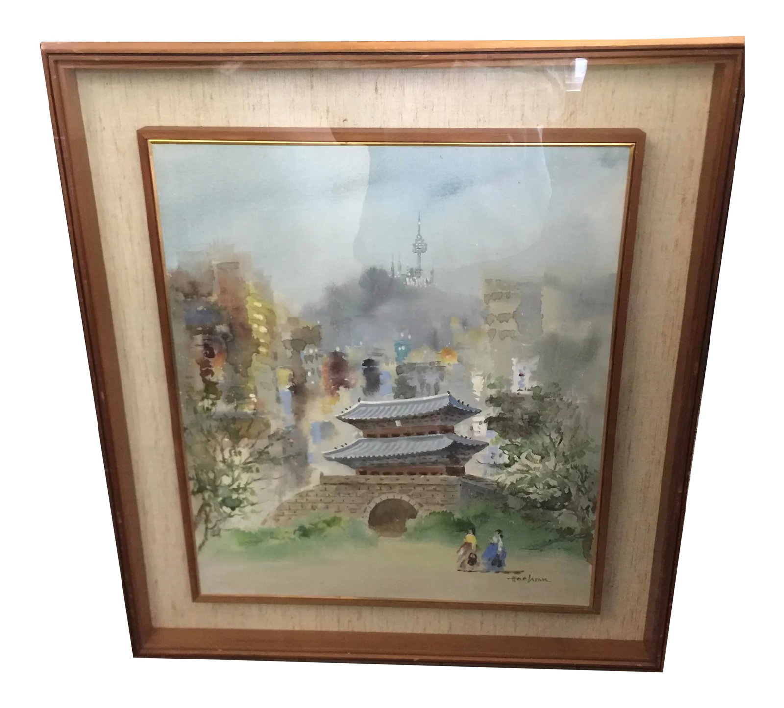 Hoe Won Watercolor Korean Artist Mid Century Modern: Mid Century Modern Watercolor by Hoe Won, koeran artist, excellent condition. Frame has minor wear. The frame is 28" tall x 25" wide, image size is 16" wide x 22' tall. Circa 1960. Condition: