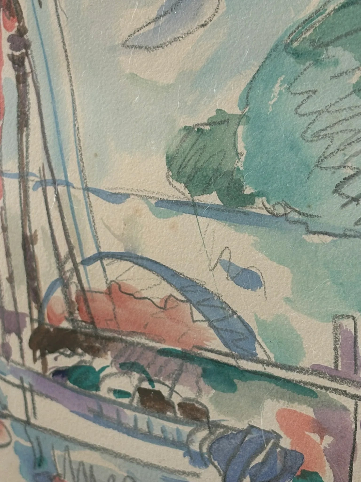Paul Signac Style Mixed Media Sailboat Harbor Scene Framed Watercolor - 10