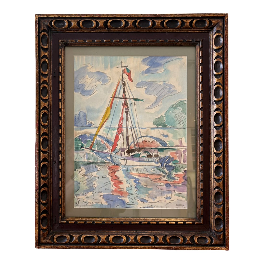 Paul Signac Style Mixed Media Sailboat Harbor Scene Framed Watercolor (1 of 12)