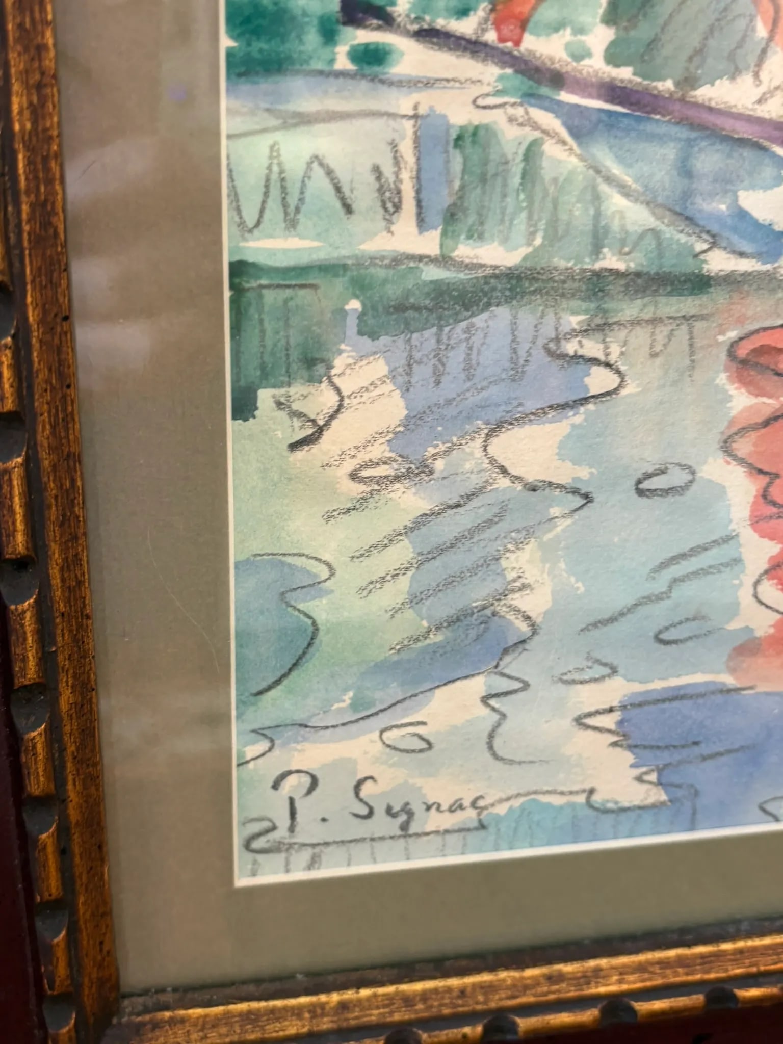 Paul Signac Style Mixed Media Sailboat Harbor Scene Framed Watercolor - 2