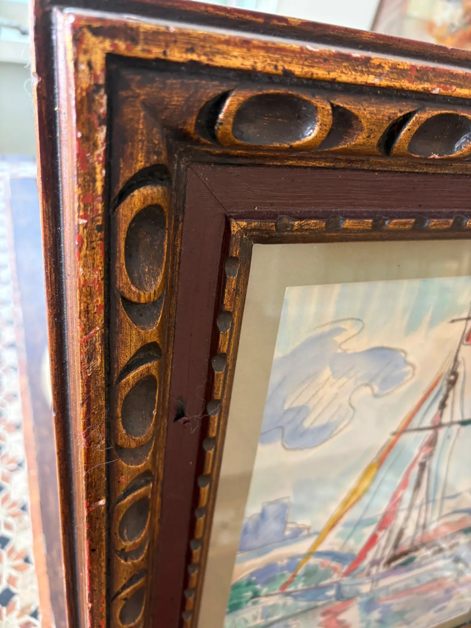 Paul Signac Style Mixed Media Sailboat Harbor Scene Framed Watercolor - 3