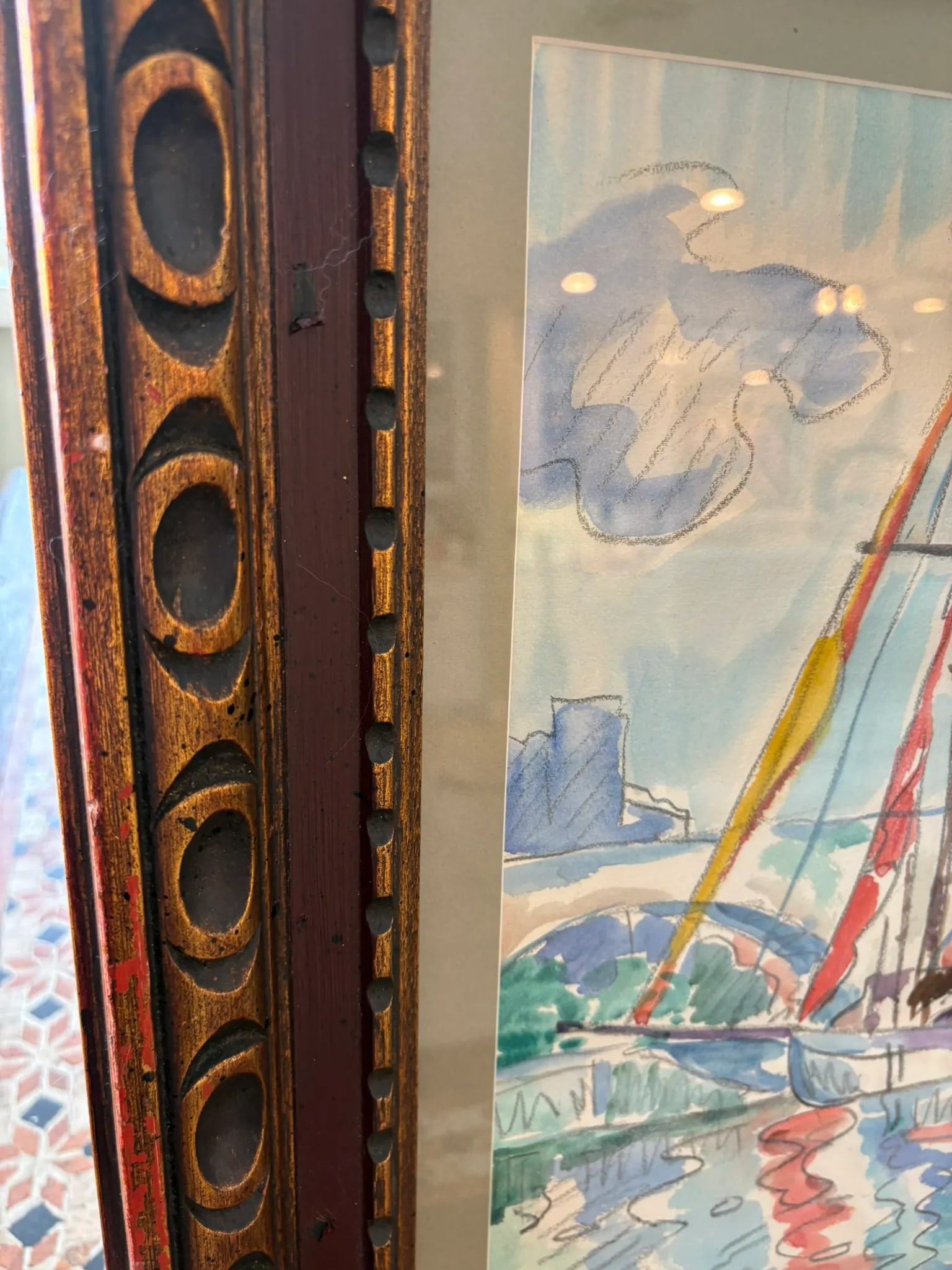 Paul Signac Style Mixed Media Sailboat Harbor Scene Framed Watercolor - 4
