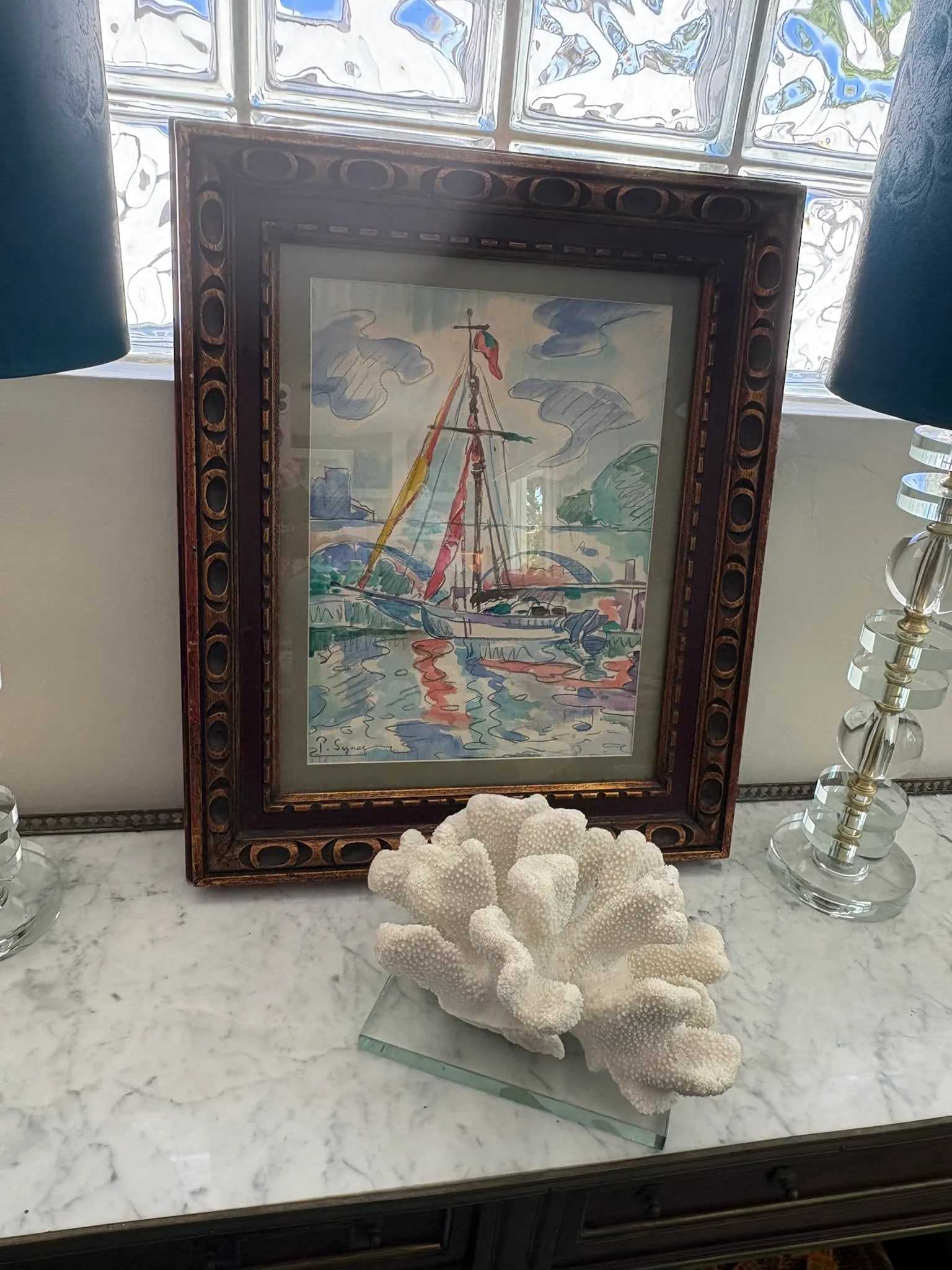 Paul Signac Style Mixed Media Sailboat Harbor Scene Framed Watercolor - 5