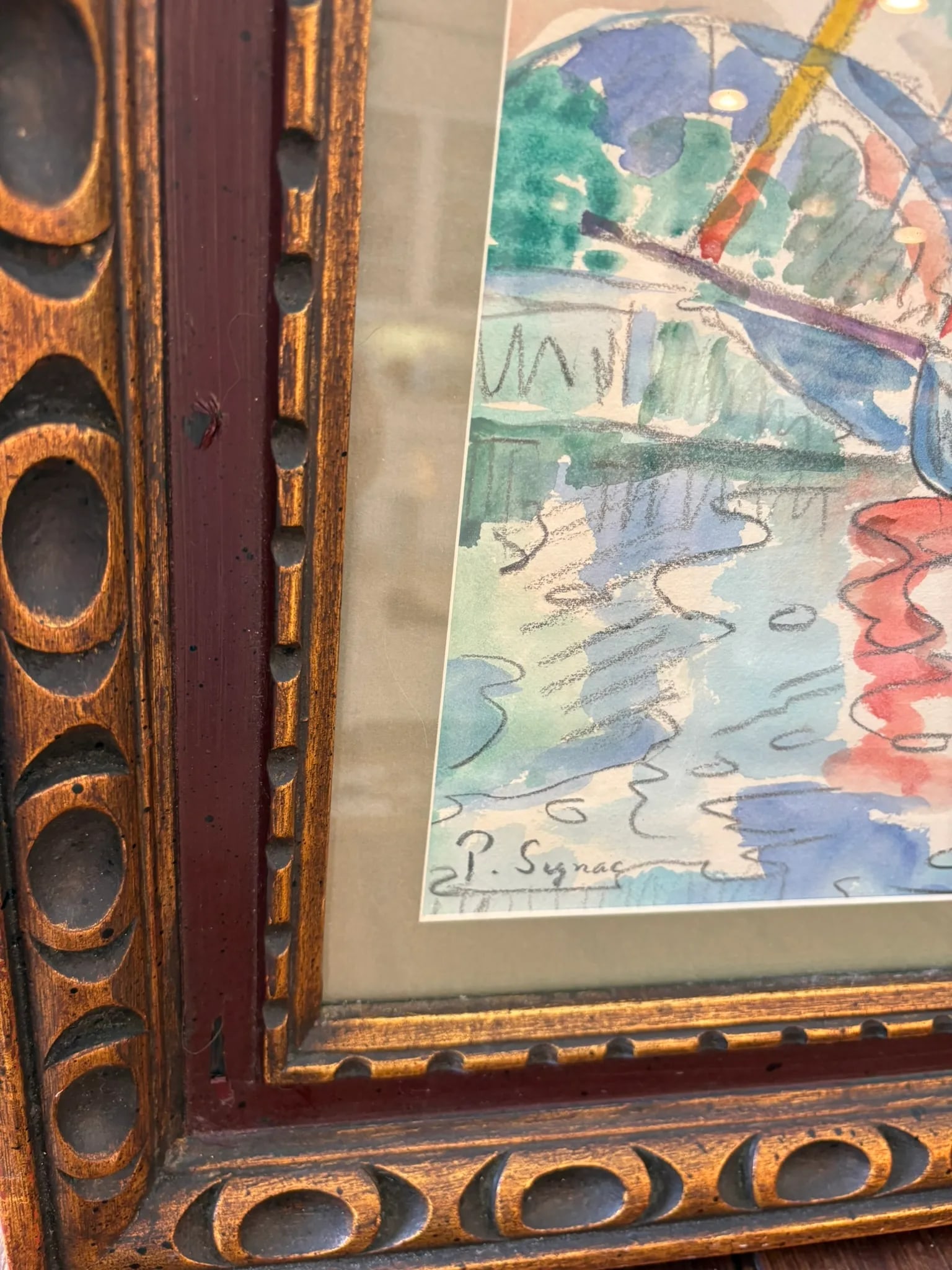 Paul Signac Style Mixed Media Sailboat Harbor Scene Framed Watercolor - 7